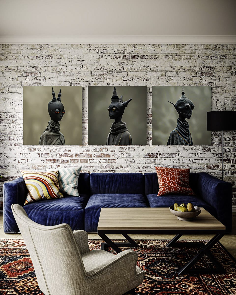 Three figures, one wall — Living room, Triptych · 3 × 40 × 60 cm