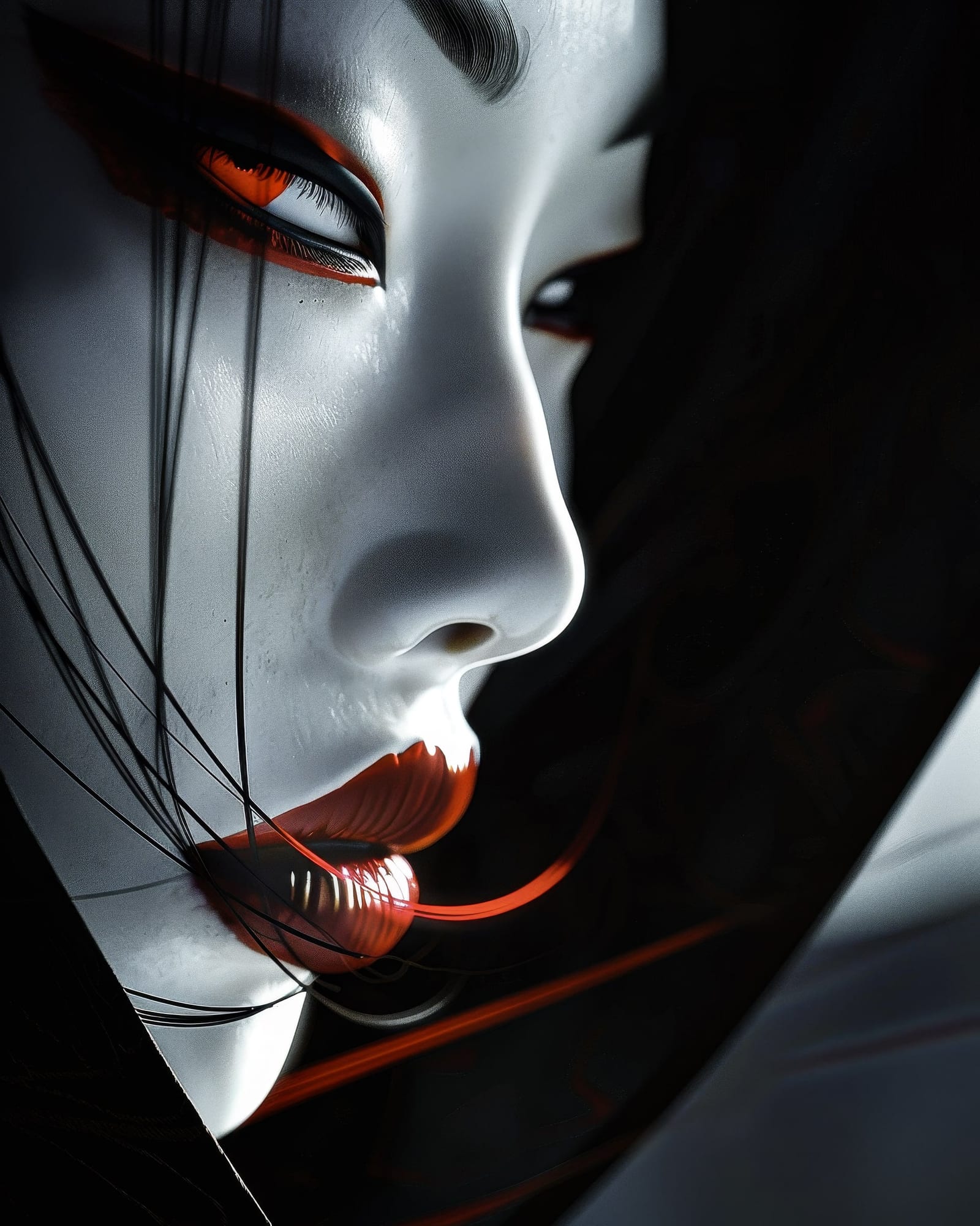 Close-up on the lower half of a pale face, glossy red lips with a thin red reflection or thread escaping, stark shadow.