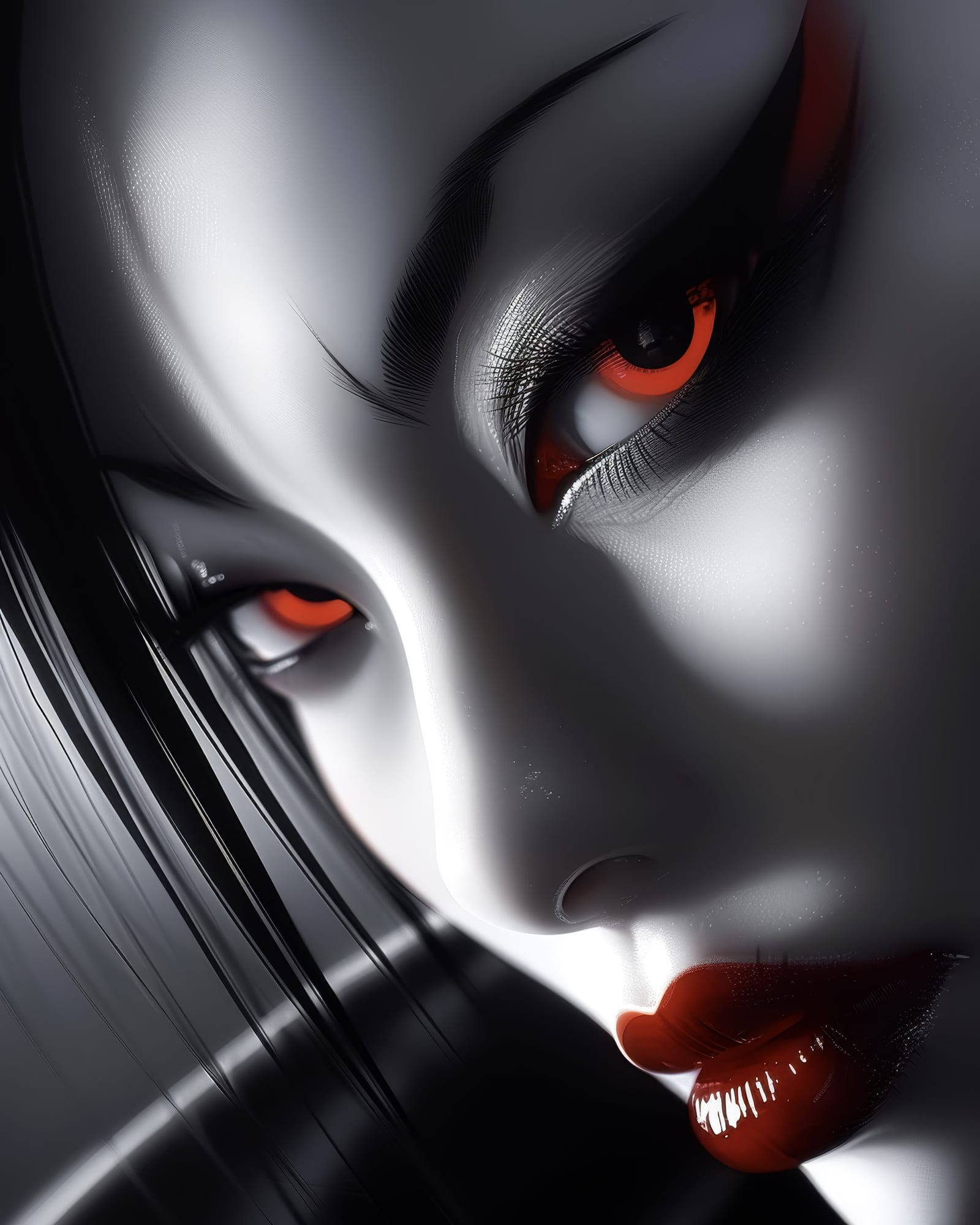 Close-up face looking at the lens, intensely glowing red eyes, highly detailed dark eyelashes, glossy dark red lips.