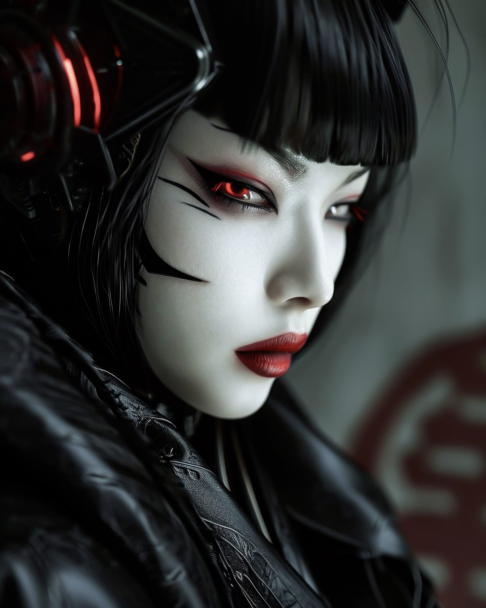 Portrait of a woman with white skin, straight black fringe, red eyes, asymmetrical black makeup marks, textured dark collar.