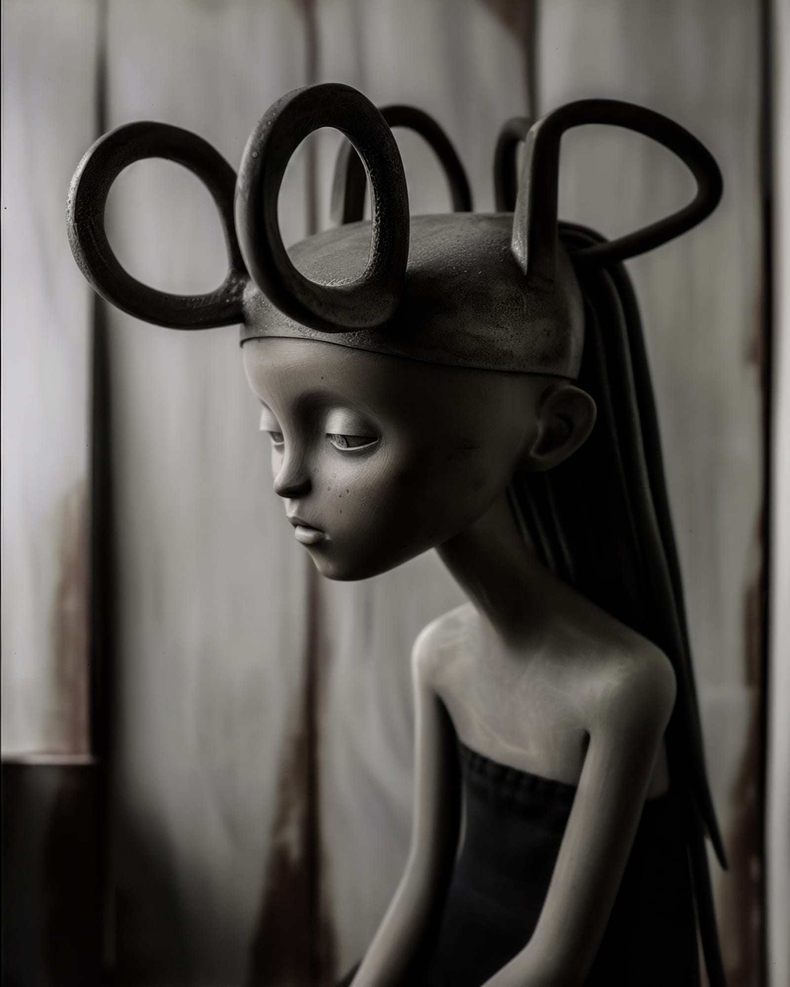 Profile of a sculpture with smooth features, wearing a headpiece topped with three large dark rings, downcast gaze.