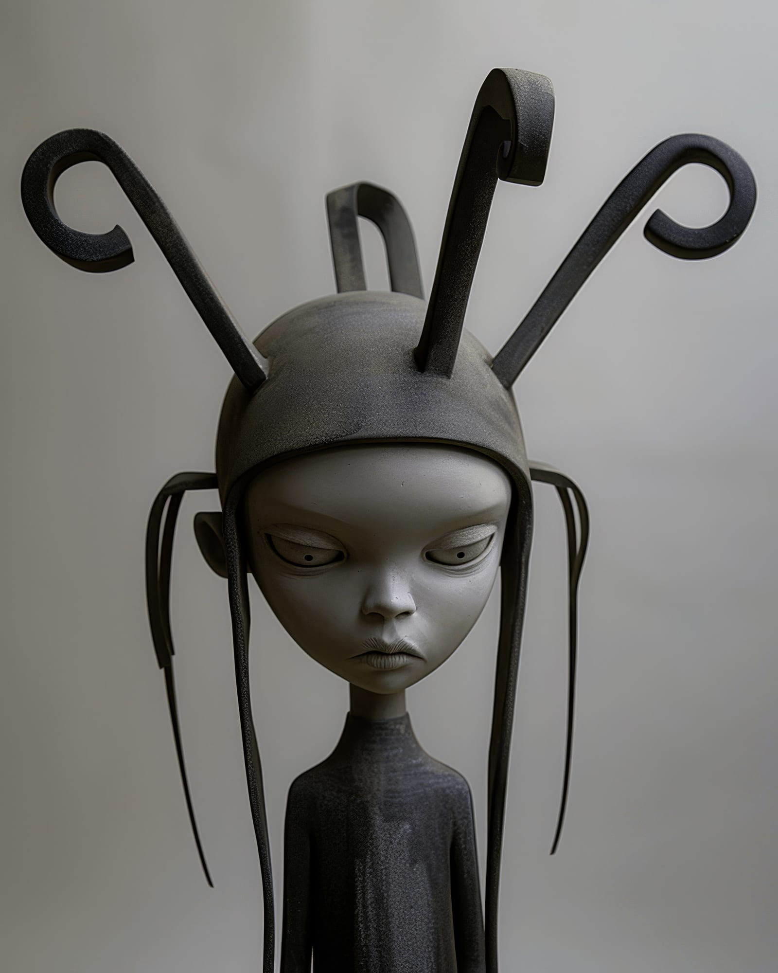 Bust of a greyish figure wearing a fitted helmet from which four thick curved stems protrude, stoic expression.