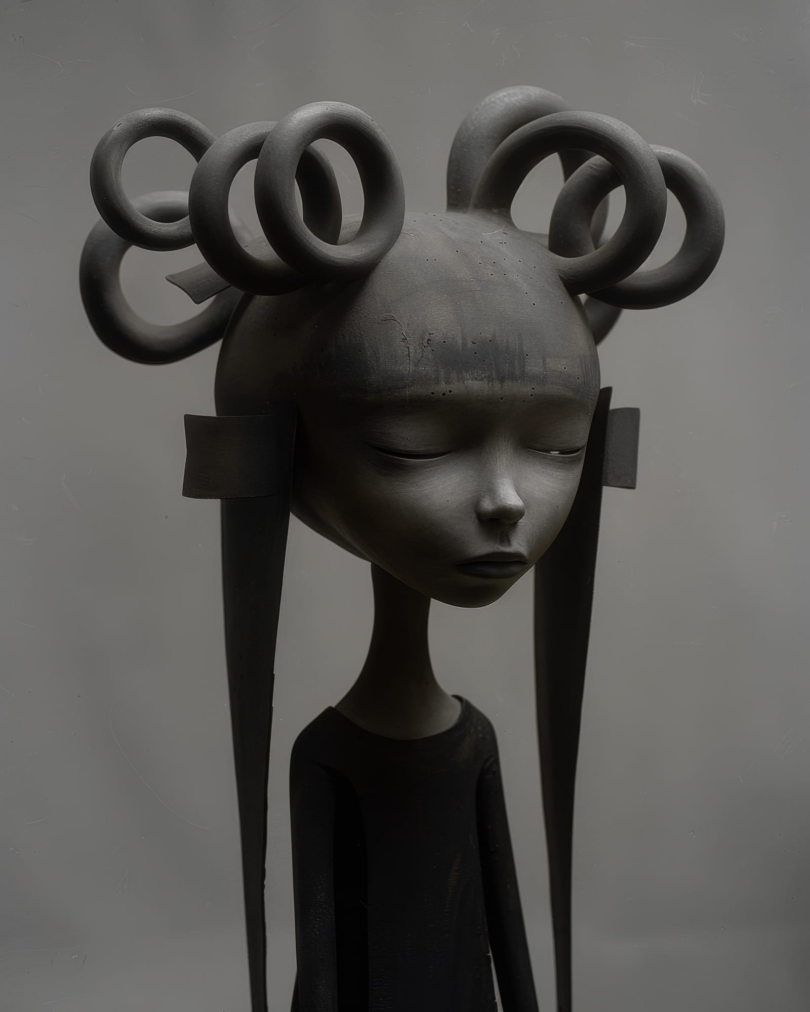 Grey face with closed eyes, topped with a structure forming heavy, suffocating symmetrical loops.