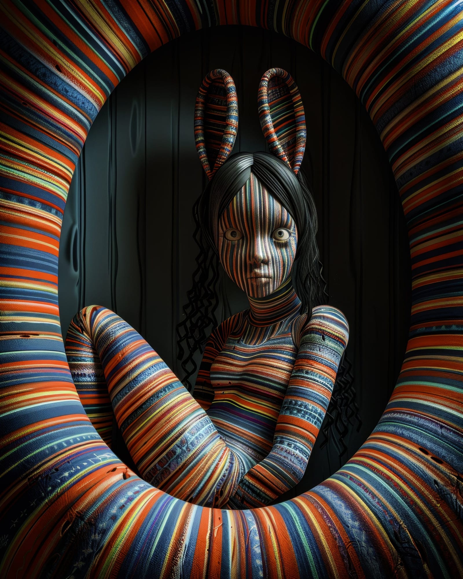 Figure with rabbit ears and striped skin sitting inside a large circular ring featuring the exact same hypnotic colorful stripes.