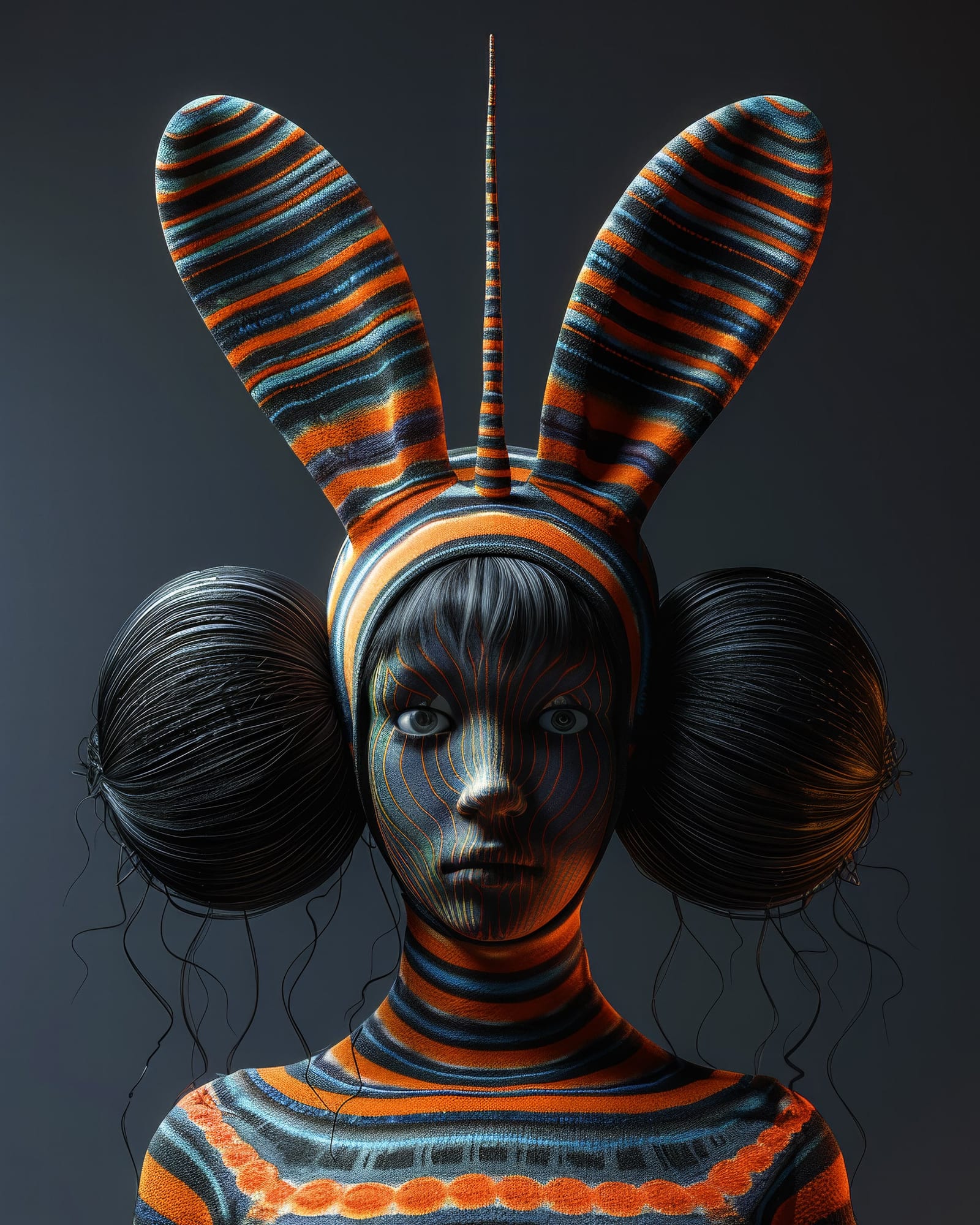 Surreal portrait of a character with striped skin, sporting two large rabbit ears and a long central striped horn, styled with oversized spherical buns.