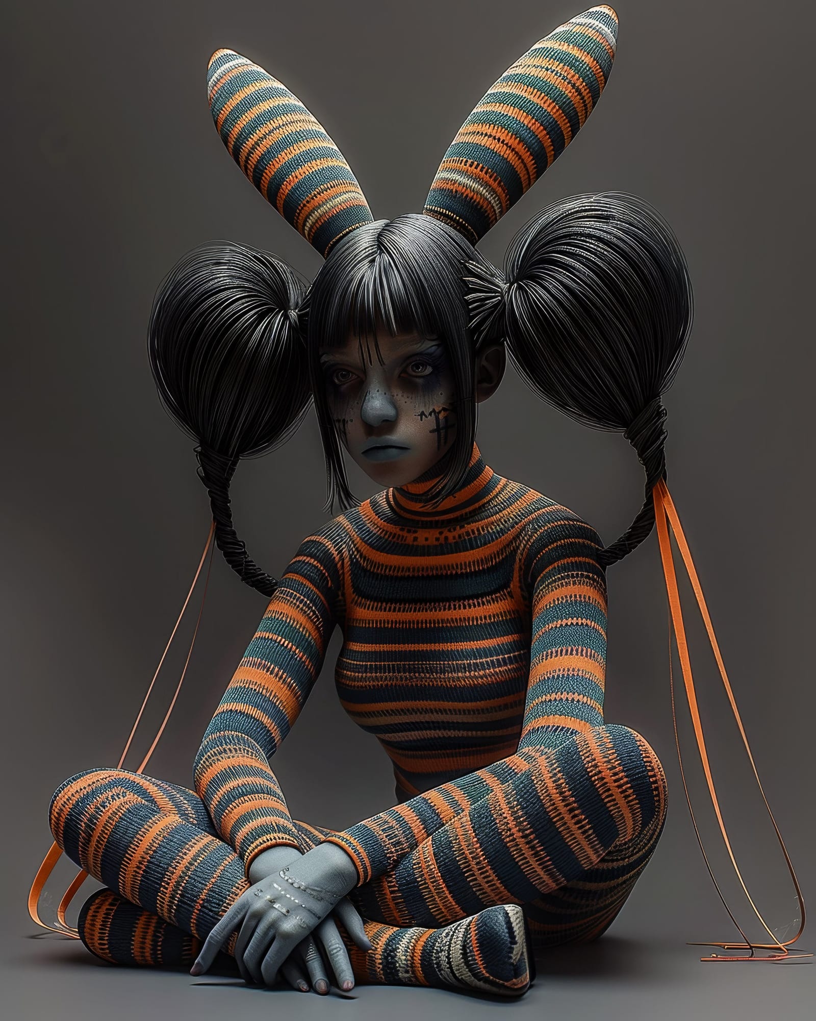 Character with grey skin and stitched cheeks, wearing an orange and dark blue striped bodysuit, stiff rabbit ears, sitting cross-legged with hanging ribbons.