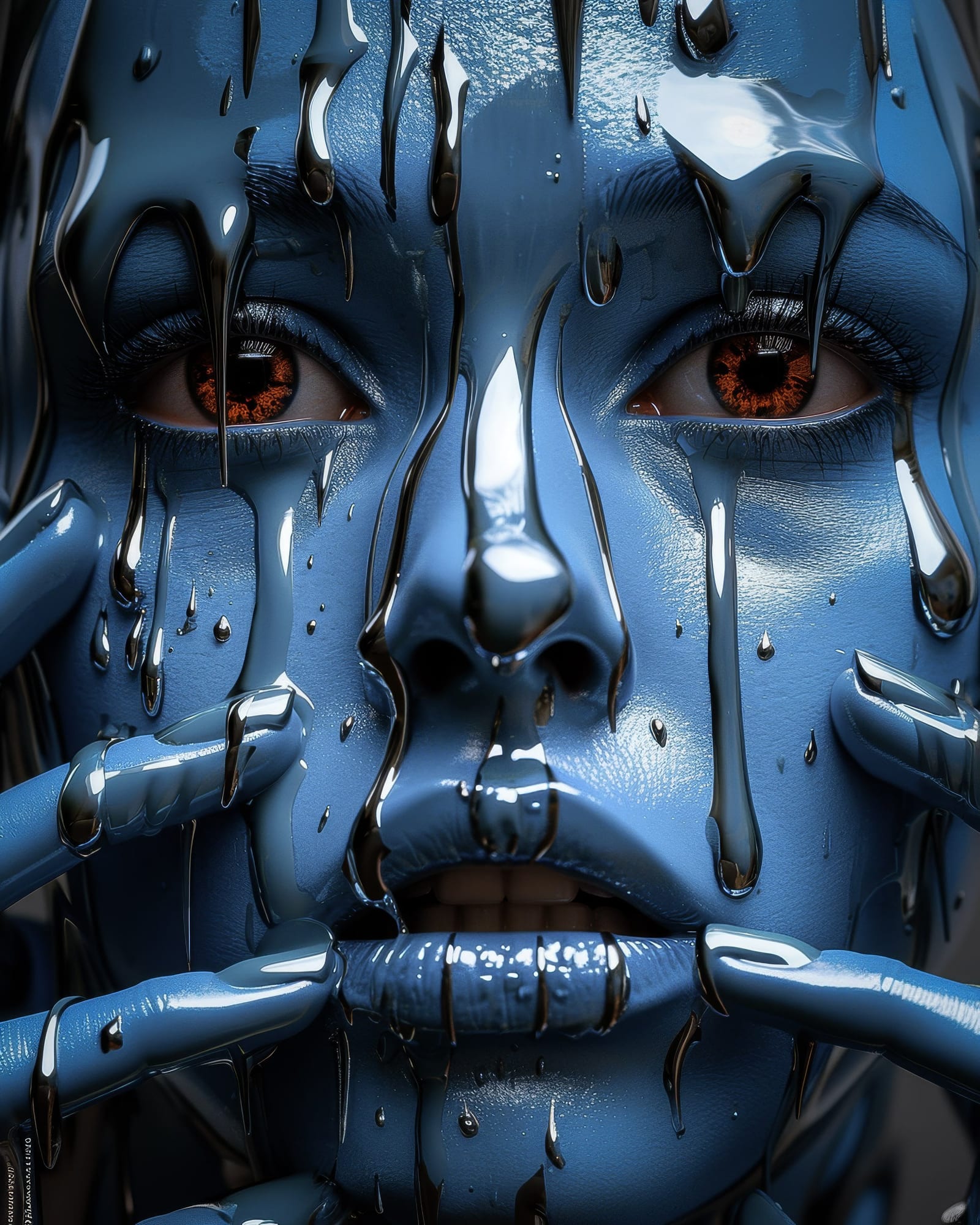 Stylised portrait bathed in steel blue, metallic reflections on the cheeks.
