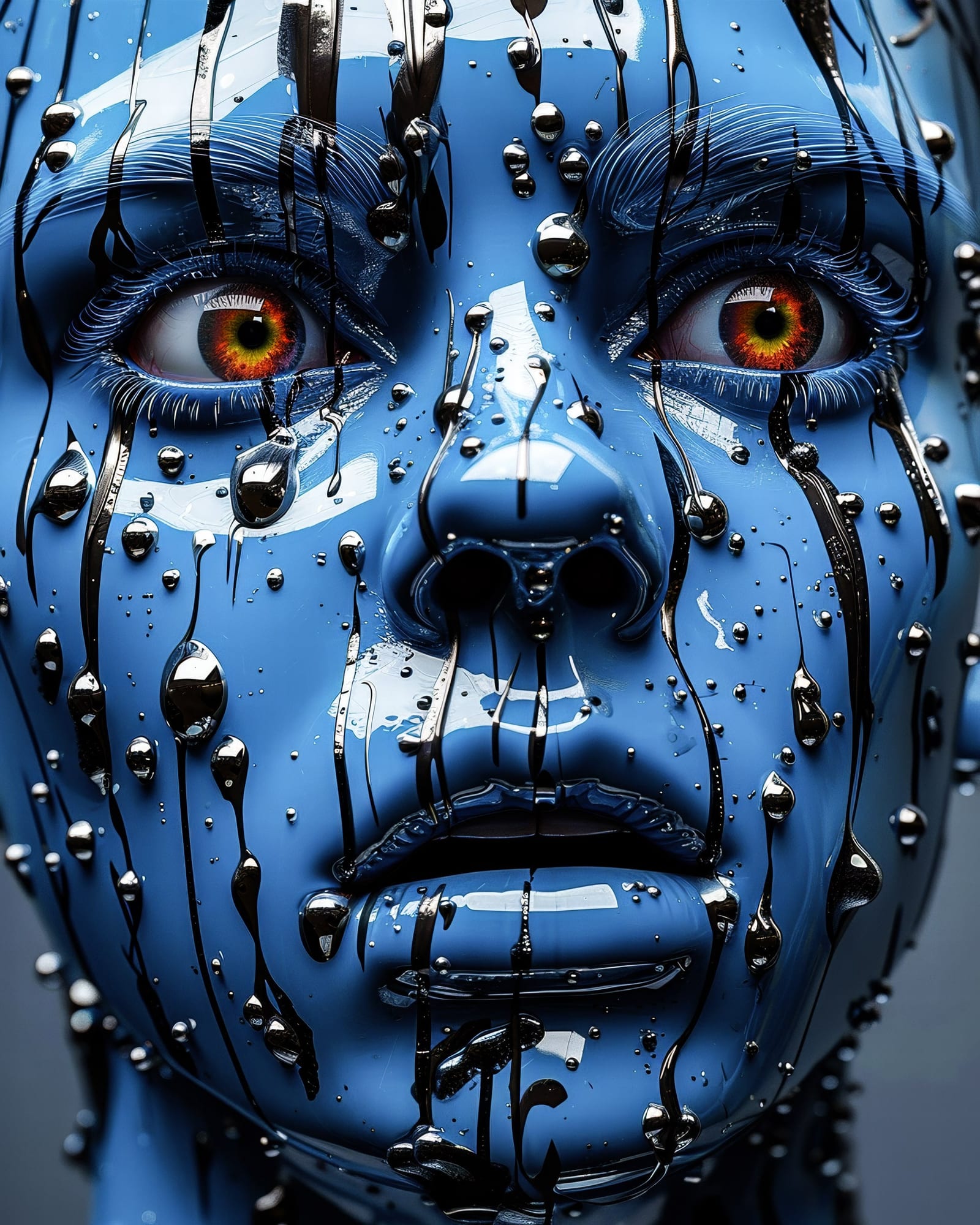 Close-up of a pale gaze in a saturated blue atmosphere, neutral expression.