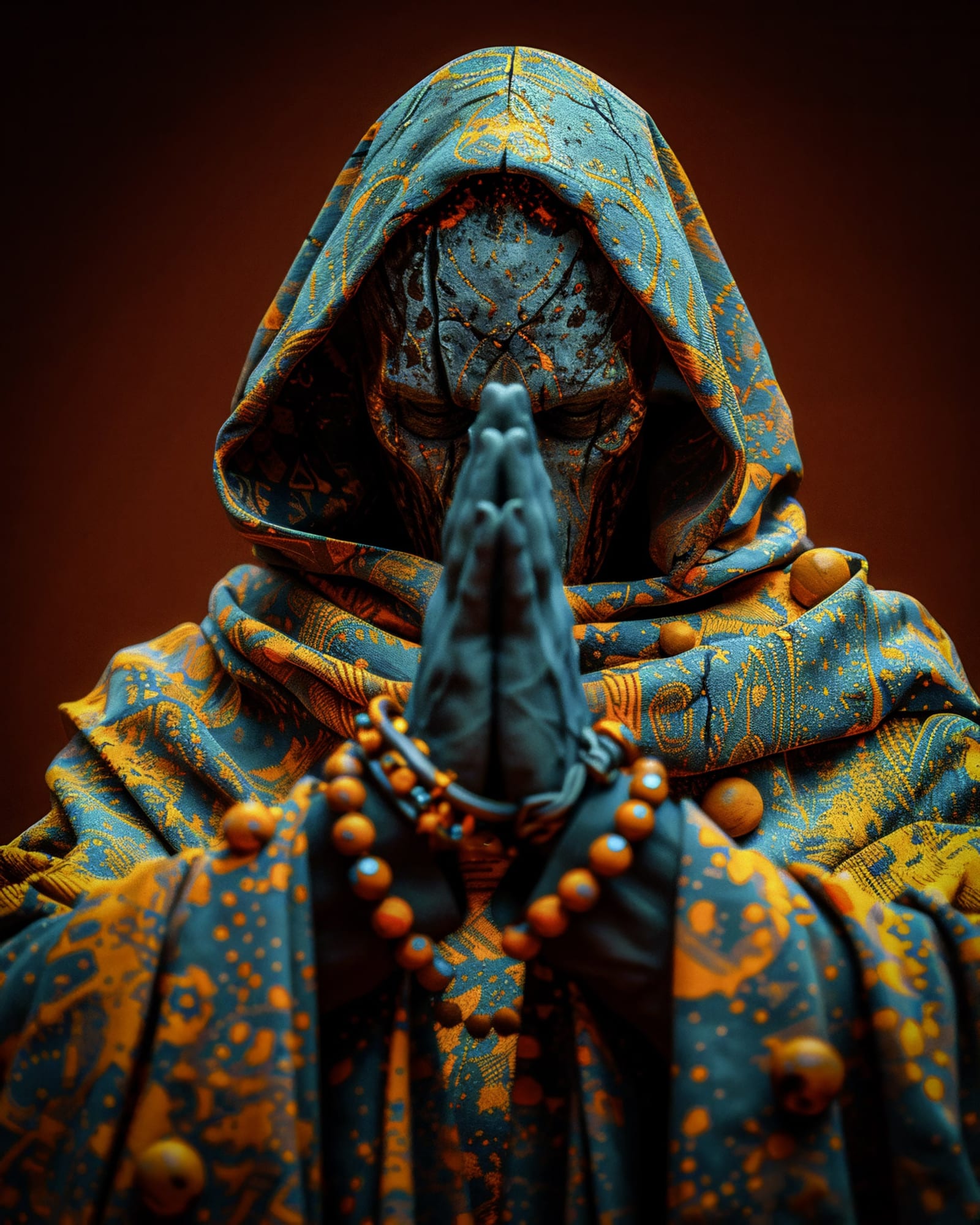 Front-facing figure, hands clasped holding a heavy orange rosary. Cracked mineral face under a highly textured hood.