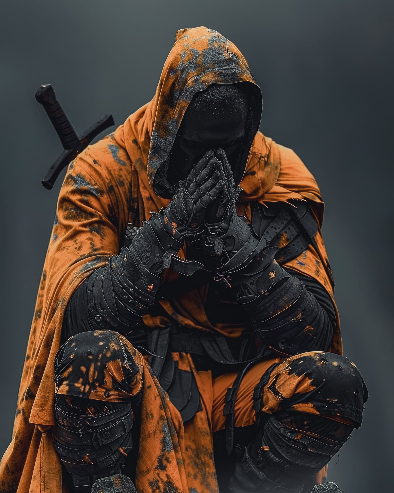 Kneeling warrior, hands clasped, wearing dark leather armor, a tattered orange cloak, and a sword on the back.