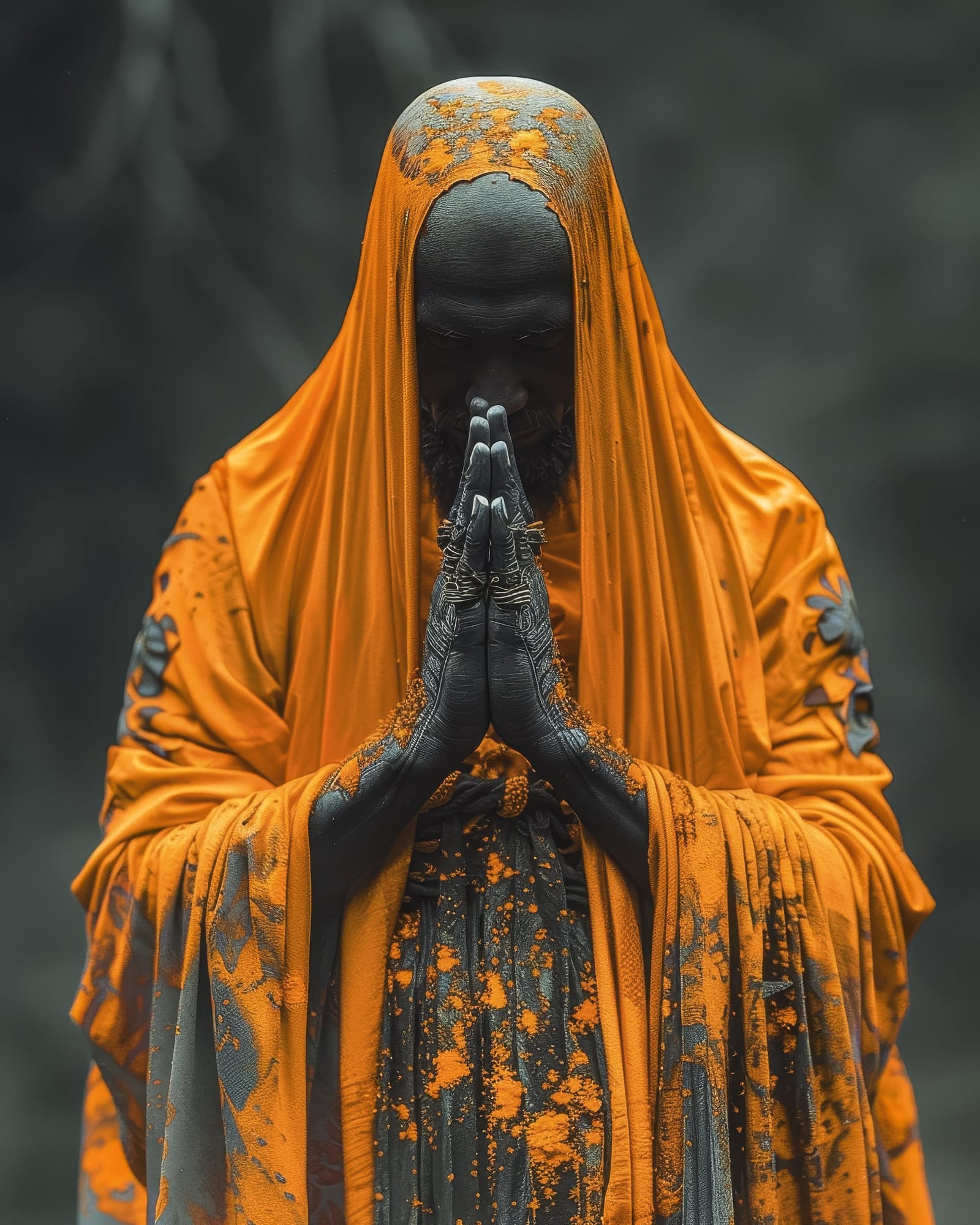 Frontal portrait of a man with a shaved head, very dark skin covered in pigments, praying under a vast orange fabric.