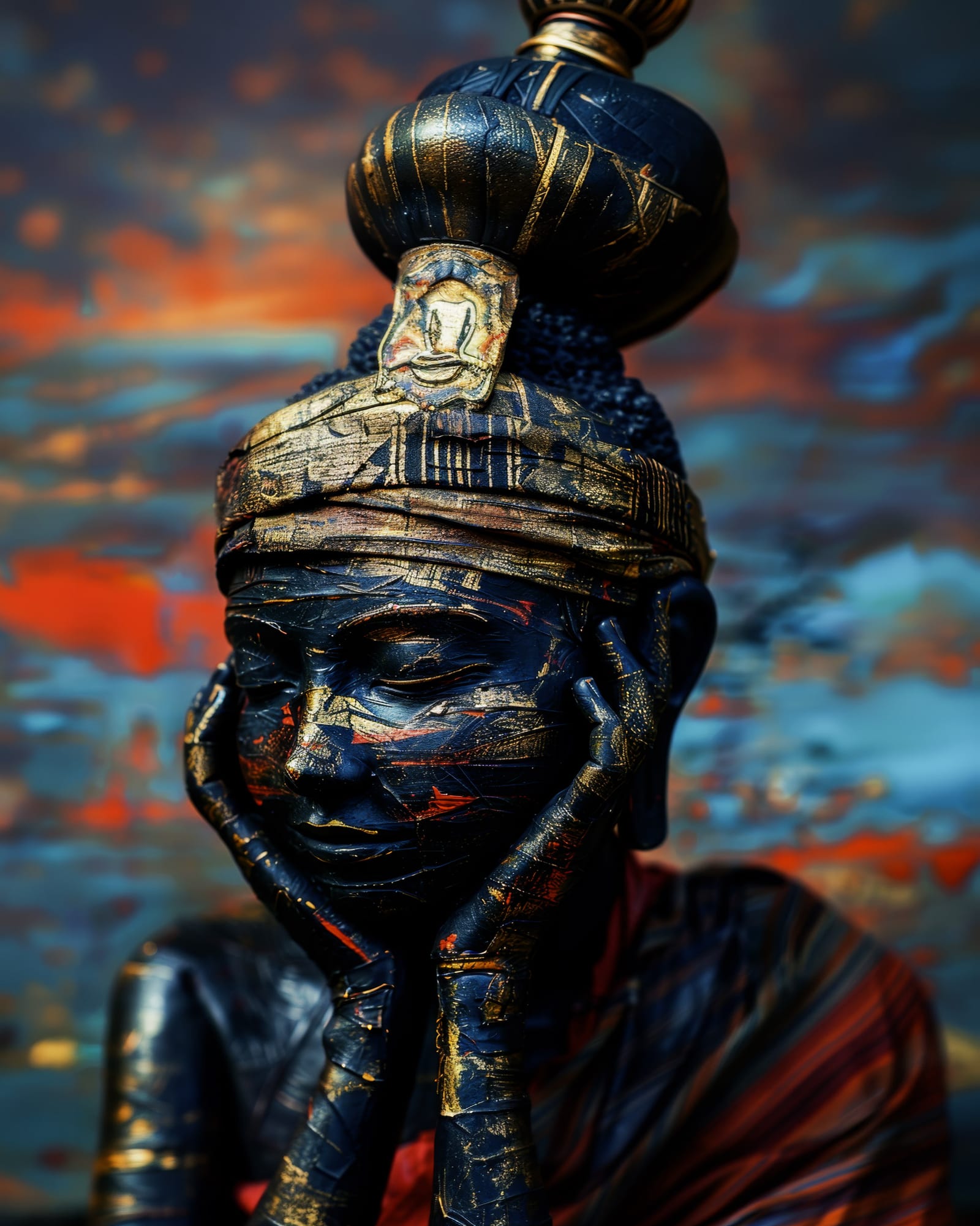 Portrait with visible gilding on the skin, meditative expression, rich background.