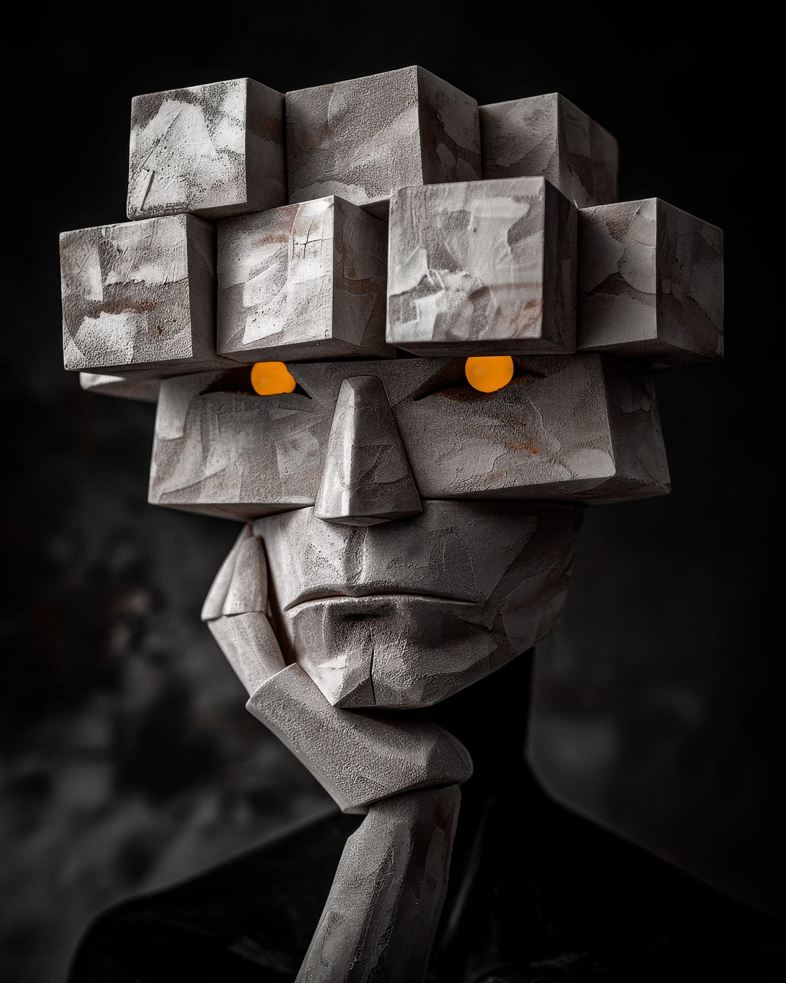 Cubist sculpture in grey stone blocks, hand resting under the chin in a pensive pose, glowing orange eyes.