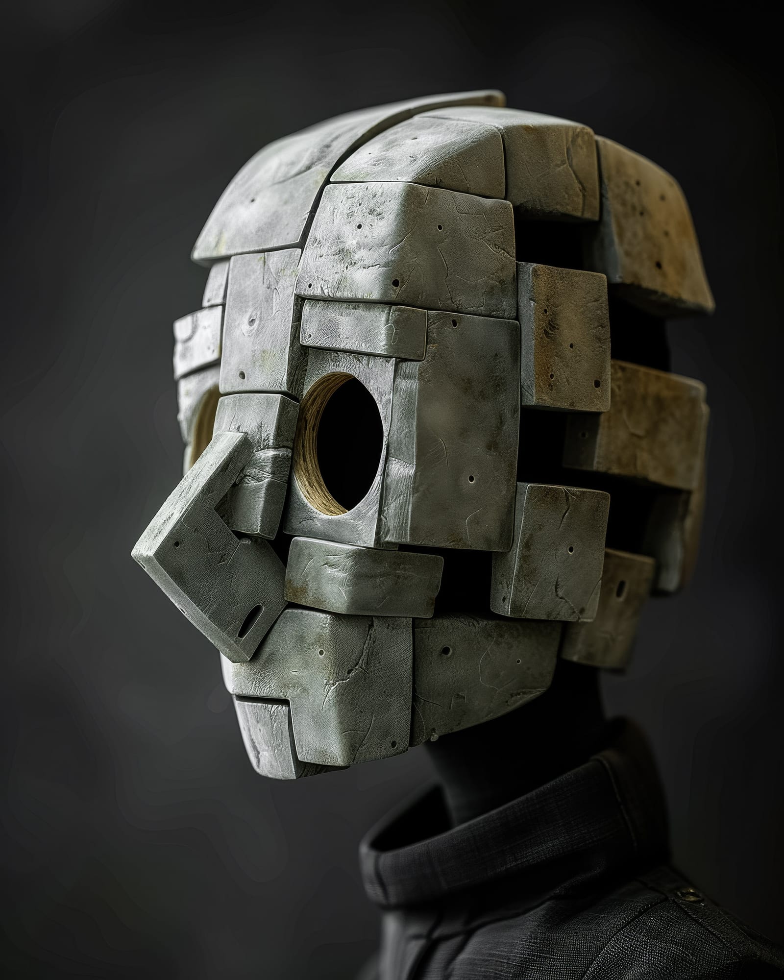 Sculpted head in fitted grey concrete blocks, circular and empty eye sockets revealing the hollow interior of the structure.