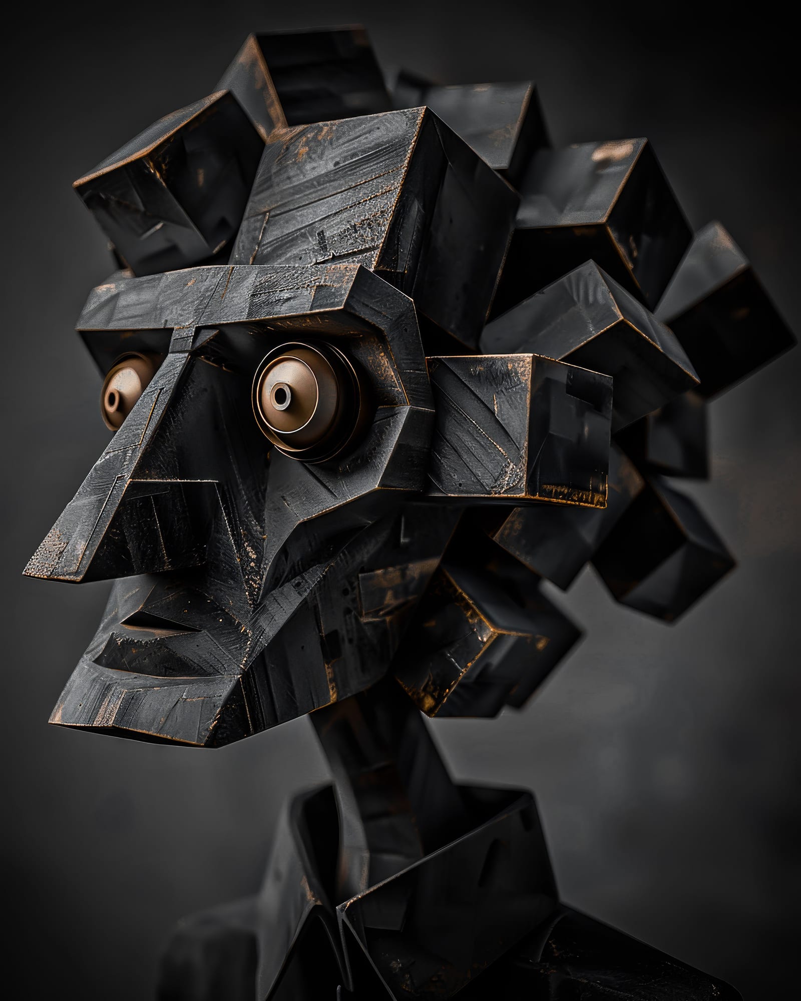 Geometric portrait composed of sharp edges in black metal with gold patina, eyes shaped like round mechanical lenses.