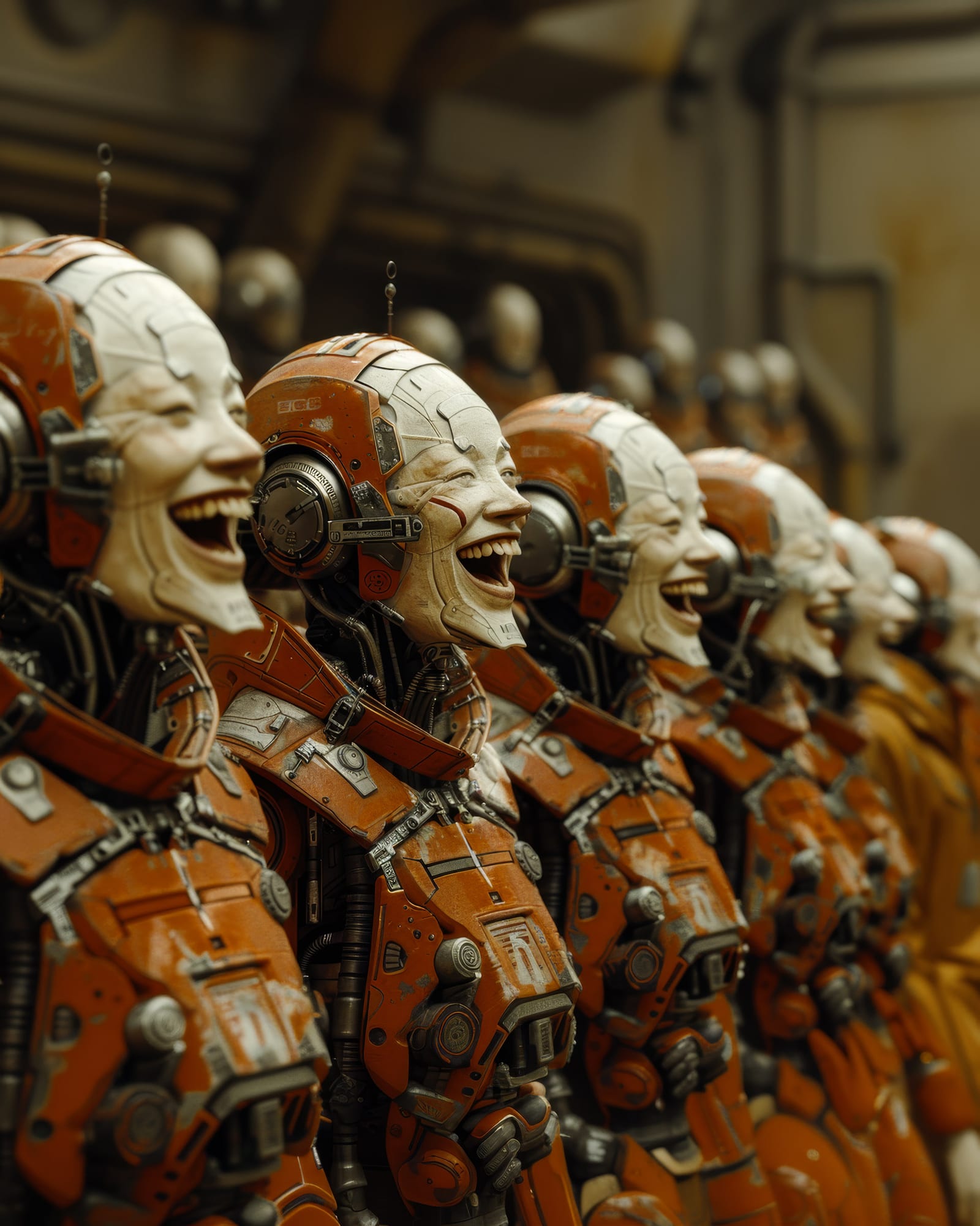 Line of orange-armored cyborgs seen in profile, heads thrown back in a burst of laughter, mouths wide open.