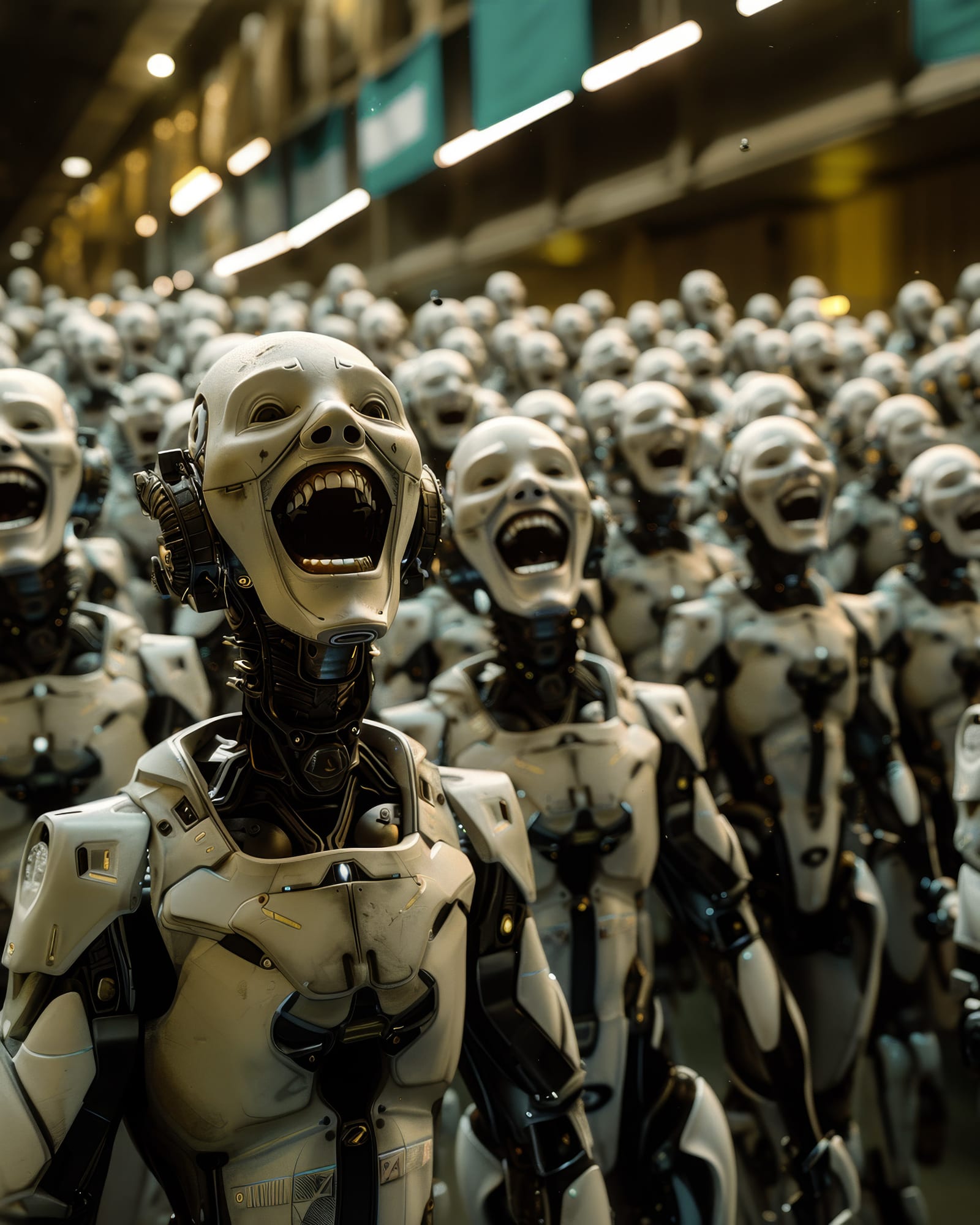 Amidst a mass of robots, a white android throws its head back in silent laughter, mouth wide open, dark eye sockets.