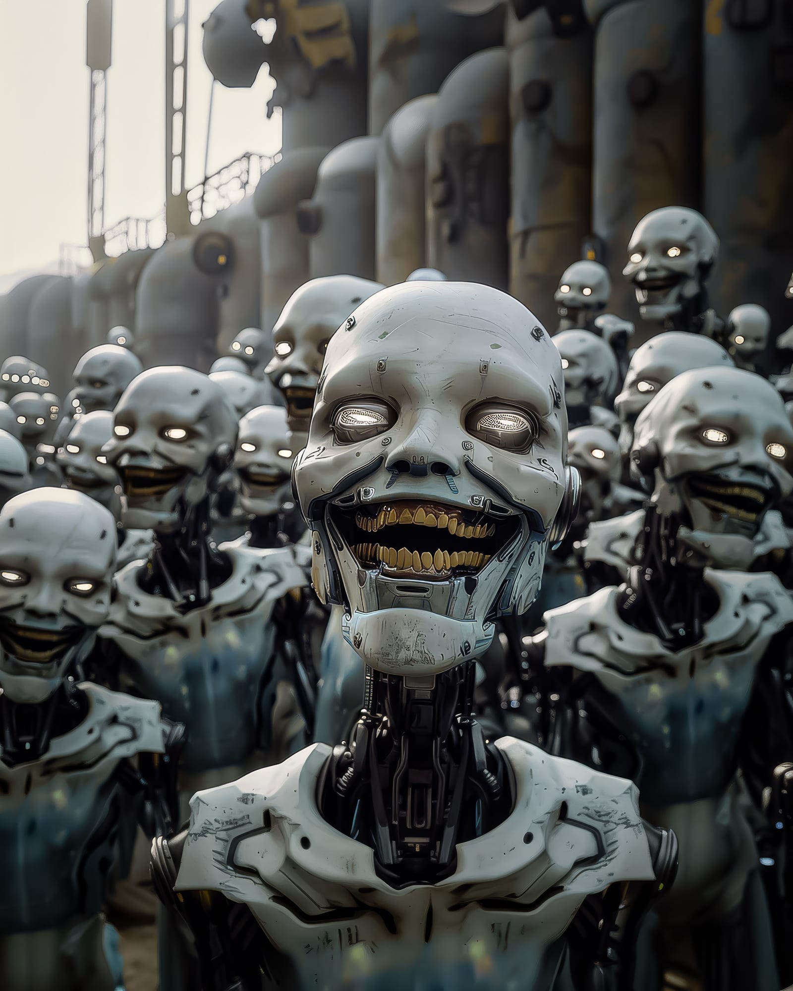 Pack of androids with glowing white eyes in an industrial setting, staring at the lens with stretched smiles and menacing teeth.