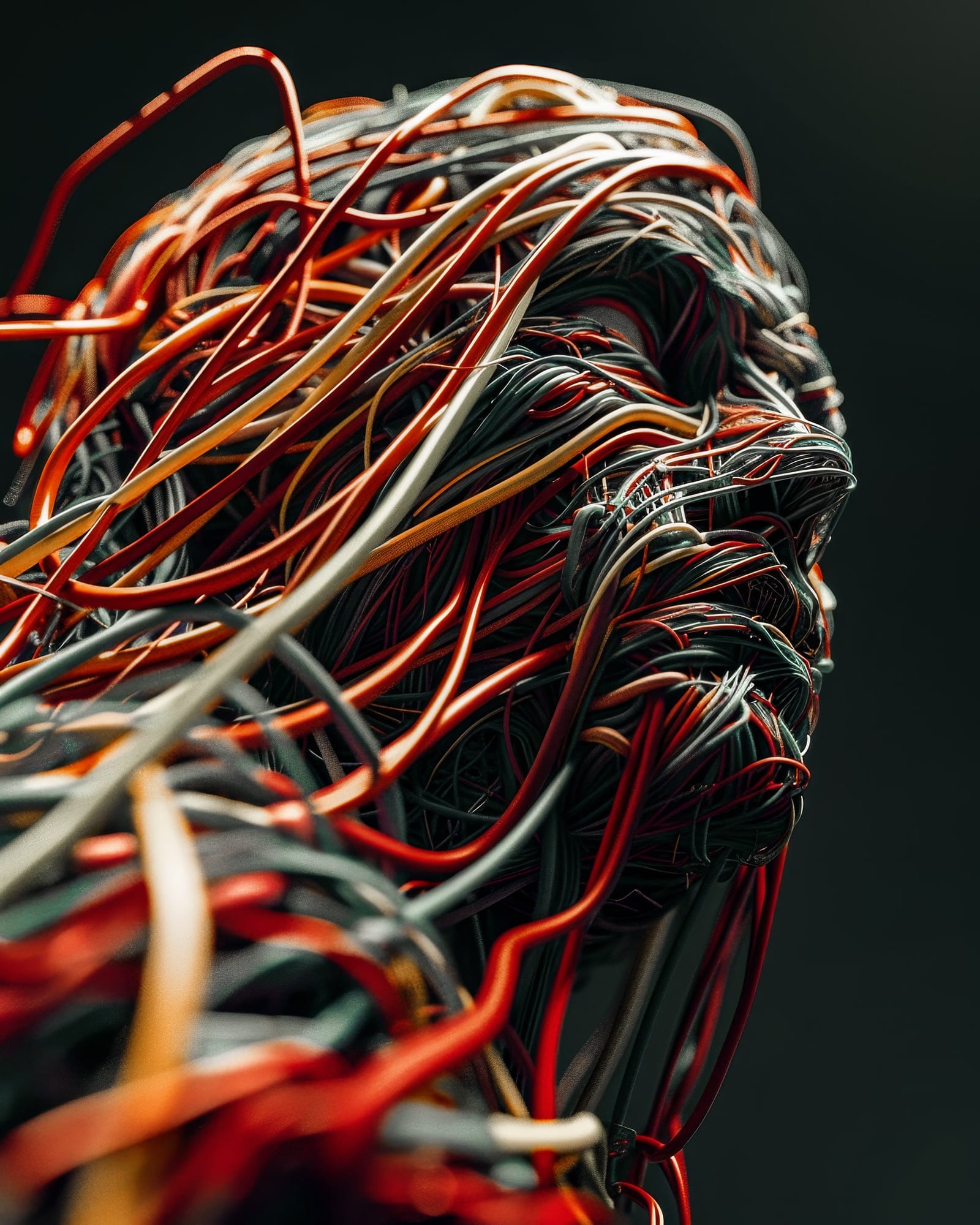 Human profile entirely composed of a dense tangle of red, grey, and white electrical wires.