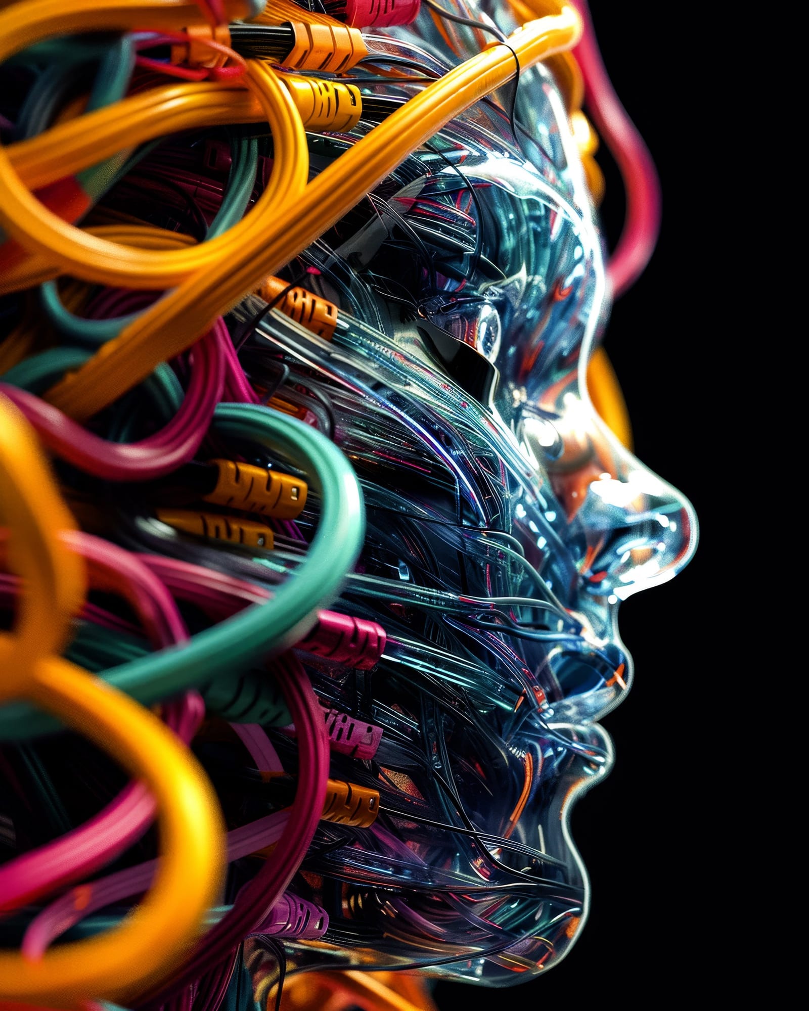 Translucent glass face profile, traversed inside and out by blue, pink, and yellow network cables.