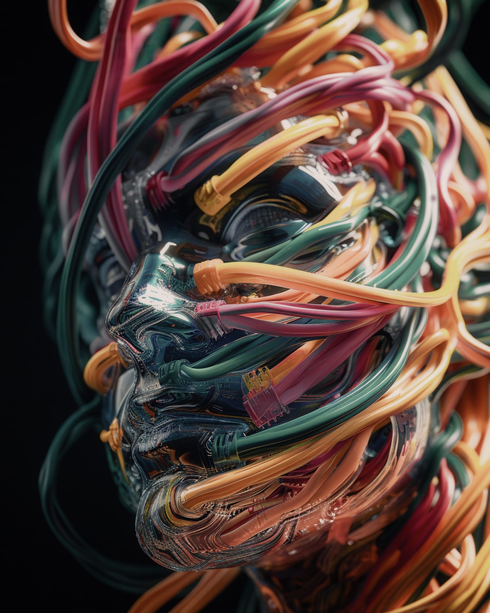 Distorted translucent face, squeezed from all sides by thick colourful cables with pink and yellow ends.