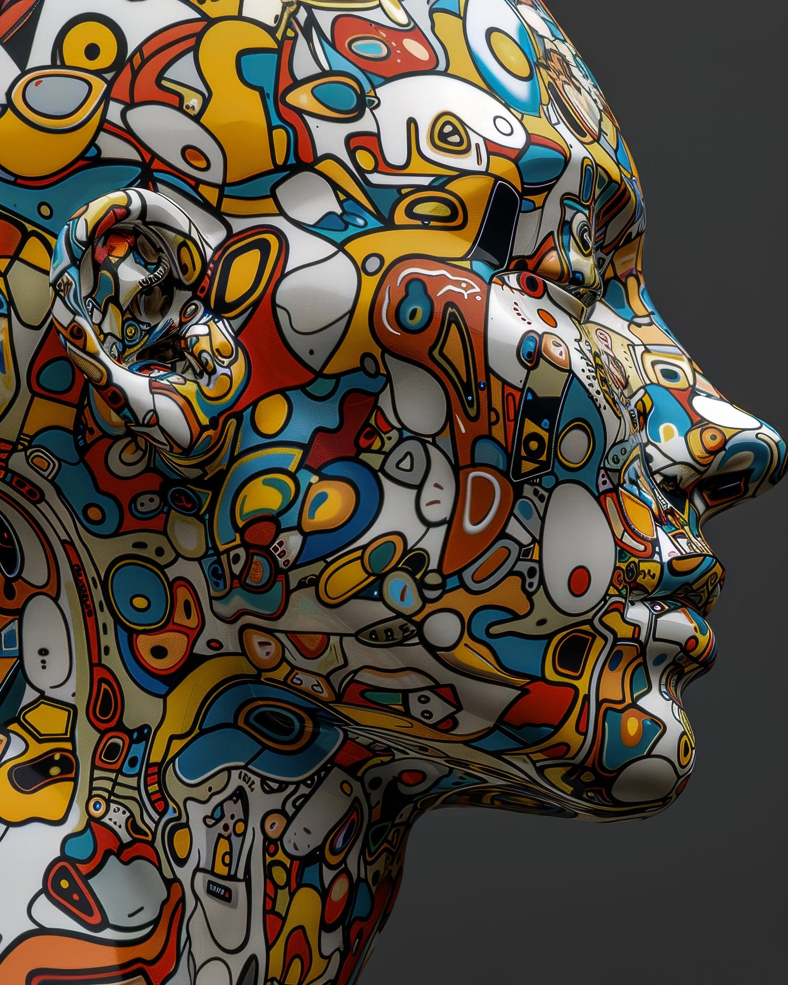 Profile of a face with closed, peaceful features, glossy vinyl texture covered in multicoloured pop-art organic shapes.