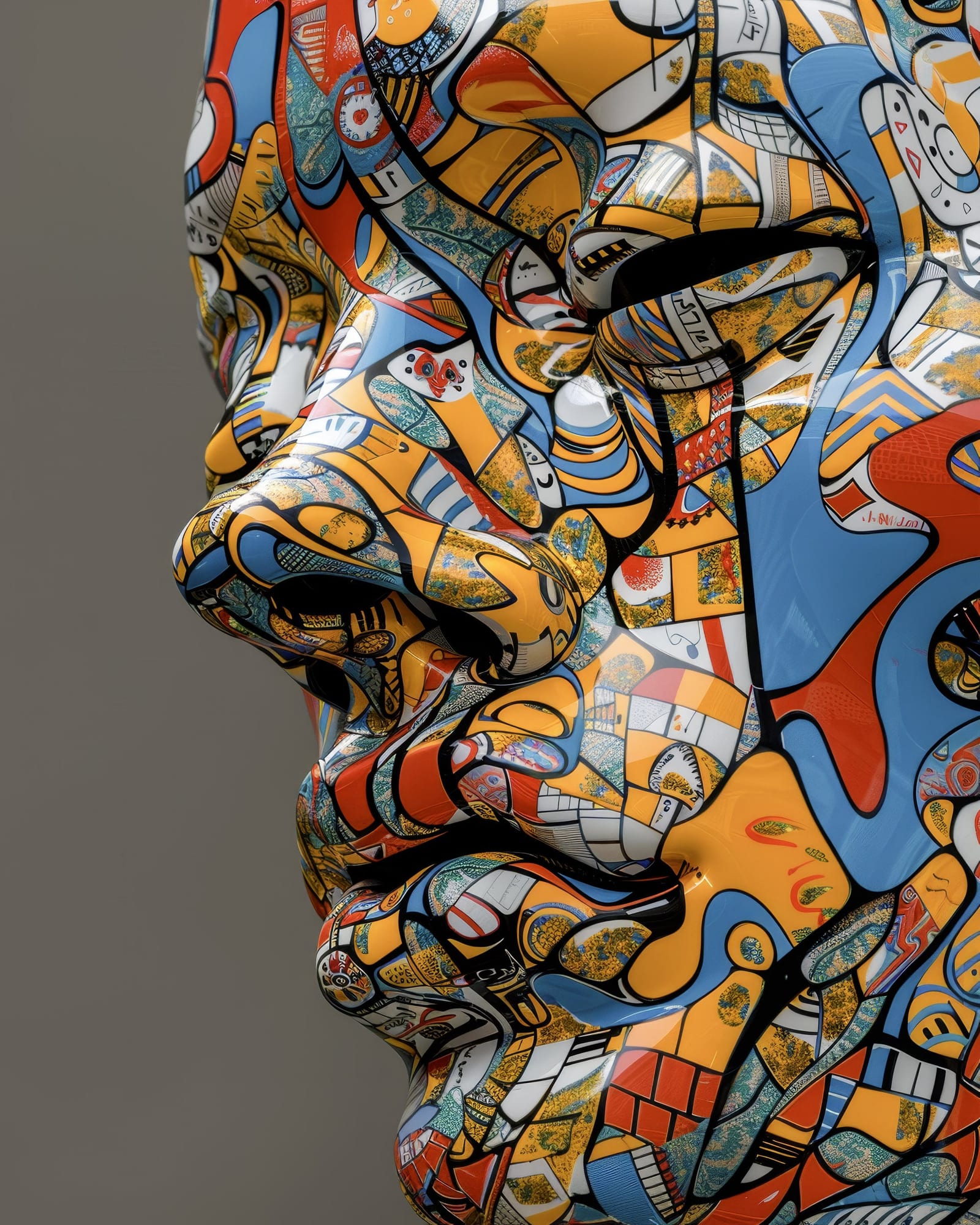 Close-up of the nose and mouth of a highly glossy sculpted face, dense urban patterns in yellow, blue, and red.