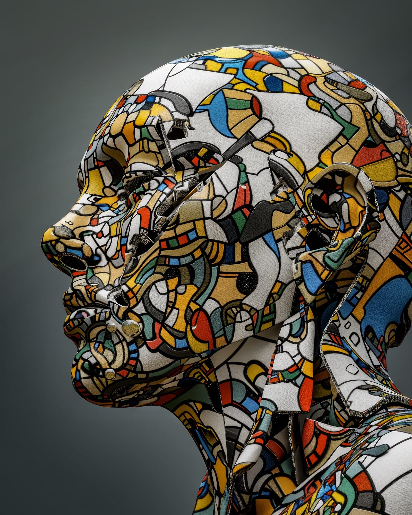 Profile of a human sculpture with deep fault lines and cracks slicing through the face, colourful abstract patterns.
