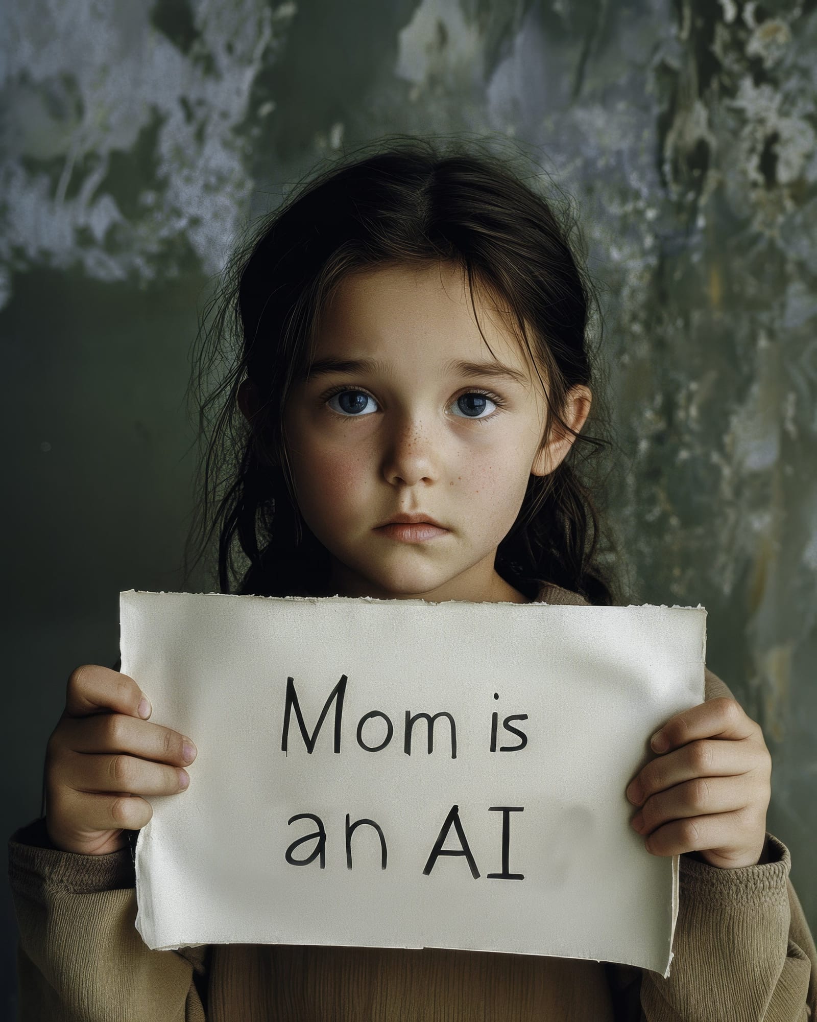 Frontal portrait of a character with light eyes, holding a torn piece of paper with the handwritten inscription: « Maman est une IA ».