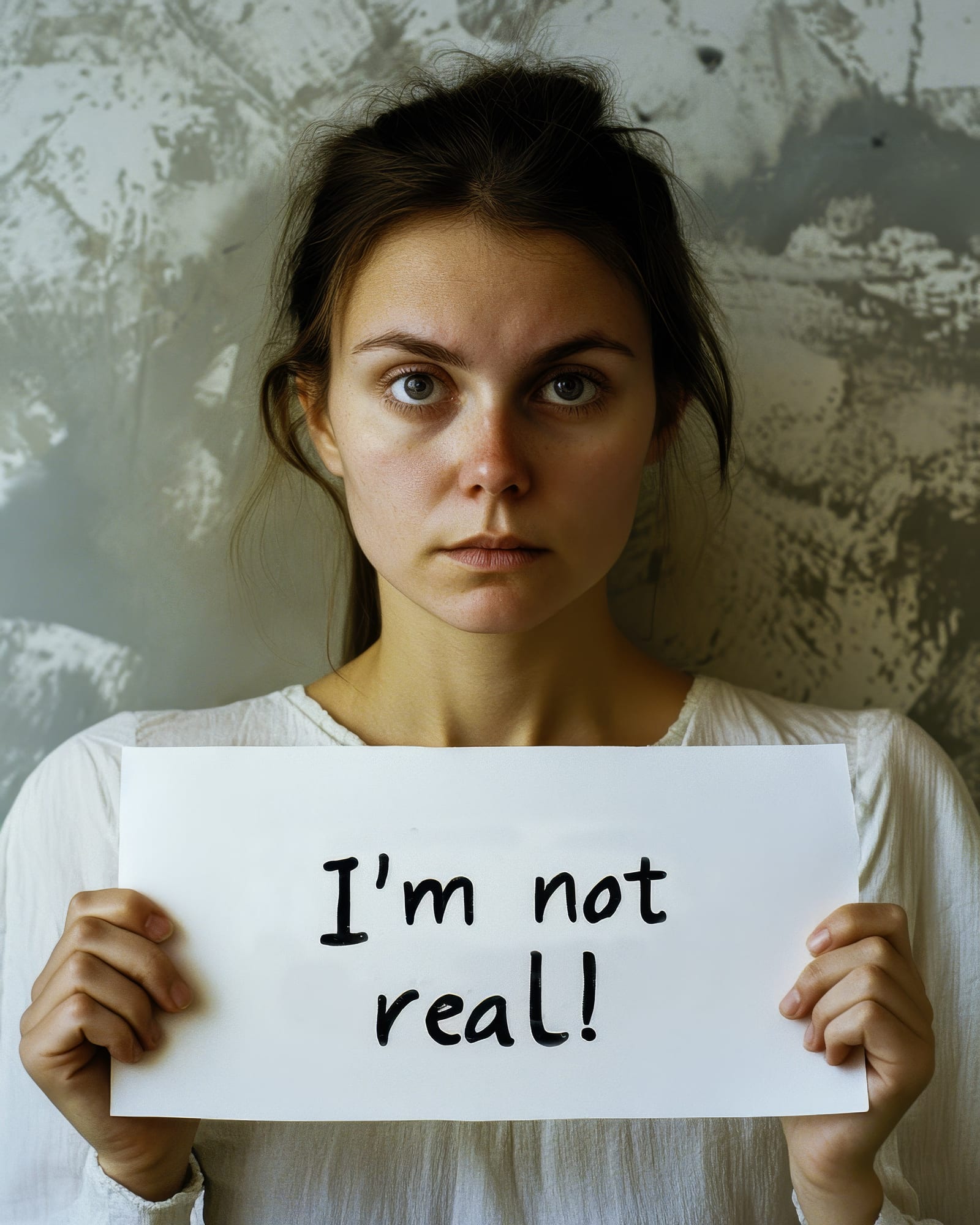 Frontal portrait of a young woman with a direct gaze, holding a white sheet of paper that reads: « Je ne suis pas pas réelle ! ». Textured gray background.