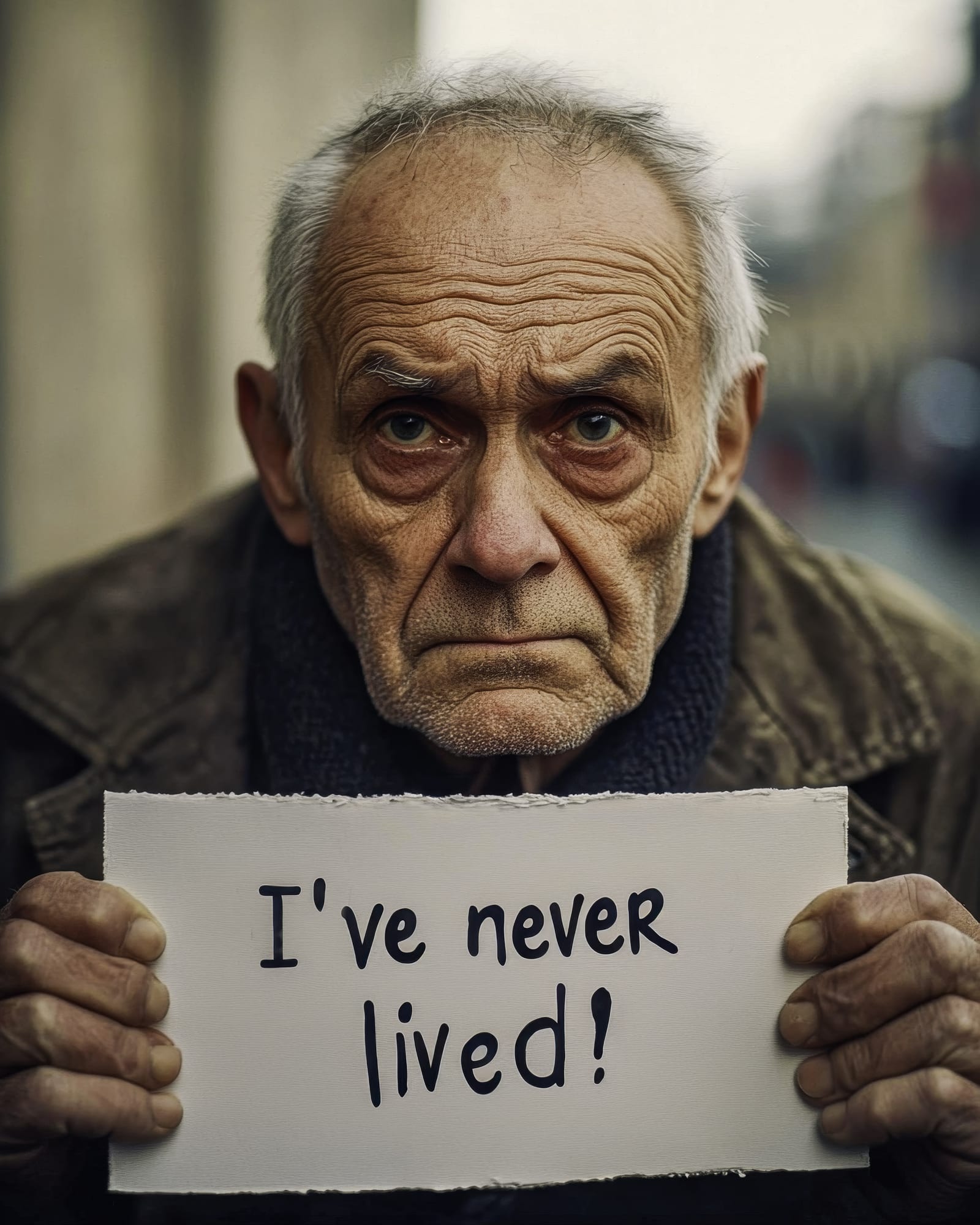 Close-up portrait of a man with heavily lined features, holding a sign stating: « Je n'ai jamais vécu ! ».