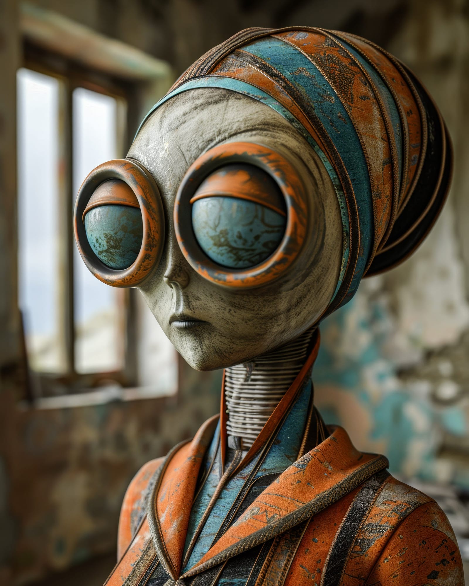 Bust of an android with patinated skin, large raised round eyes, striped cyan and orange metallic headdress, ruined background.