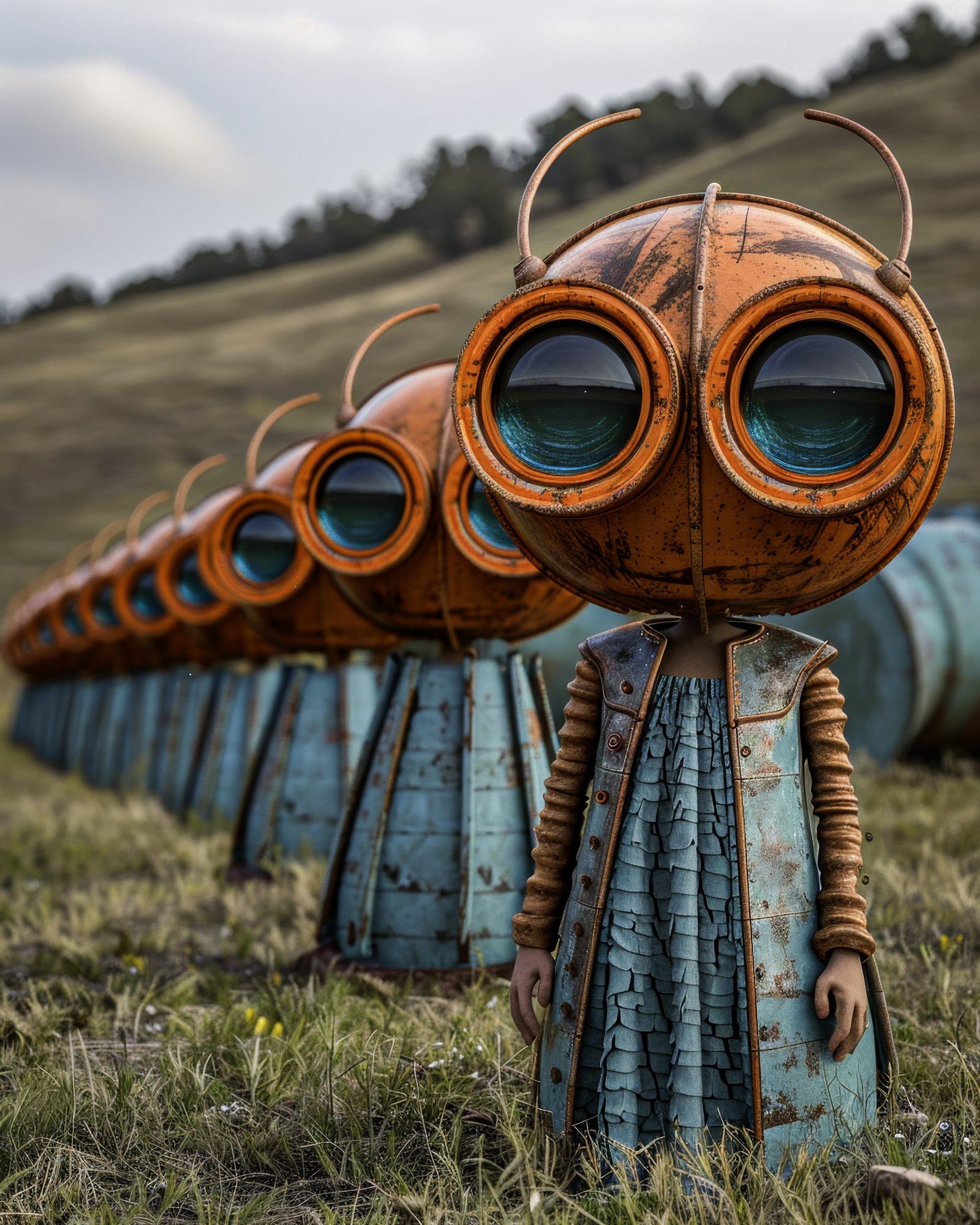 Alignment of small rusty automatons wearing cyan metallic dresses, spherical heads with enormous binocular-eyes, in a grassy landscape.