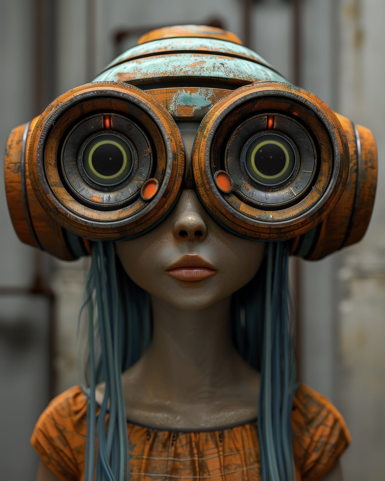 Close-up of a juvenile automaton face, enormous optical sensors for eyes, rusty paint, blue cables falling like hair.