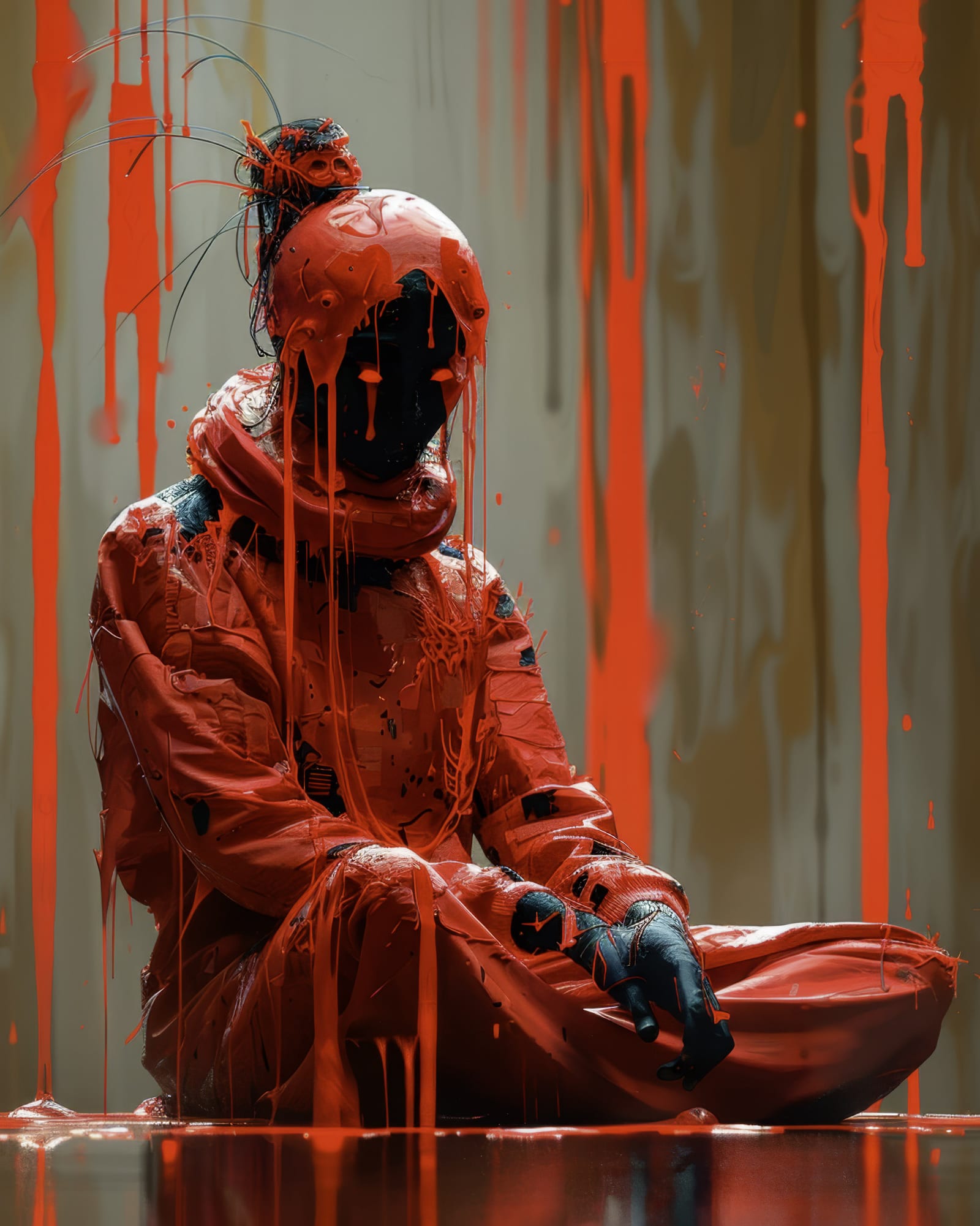 Silhouette sitting cross-legged, entirely covered in dripping lacquered red liquid, glowing eyes.