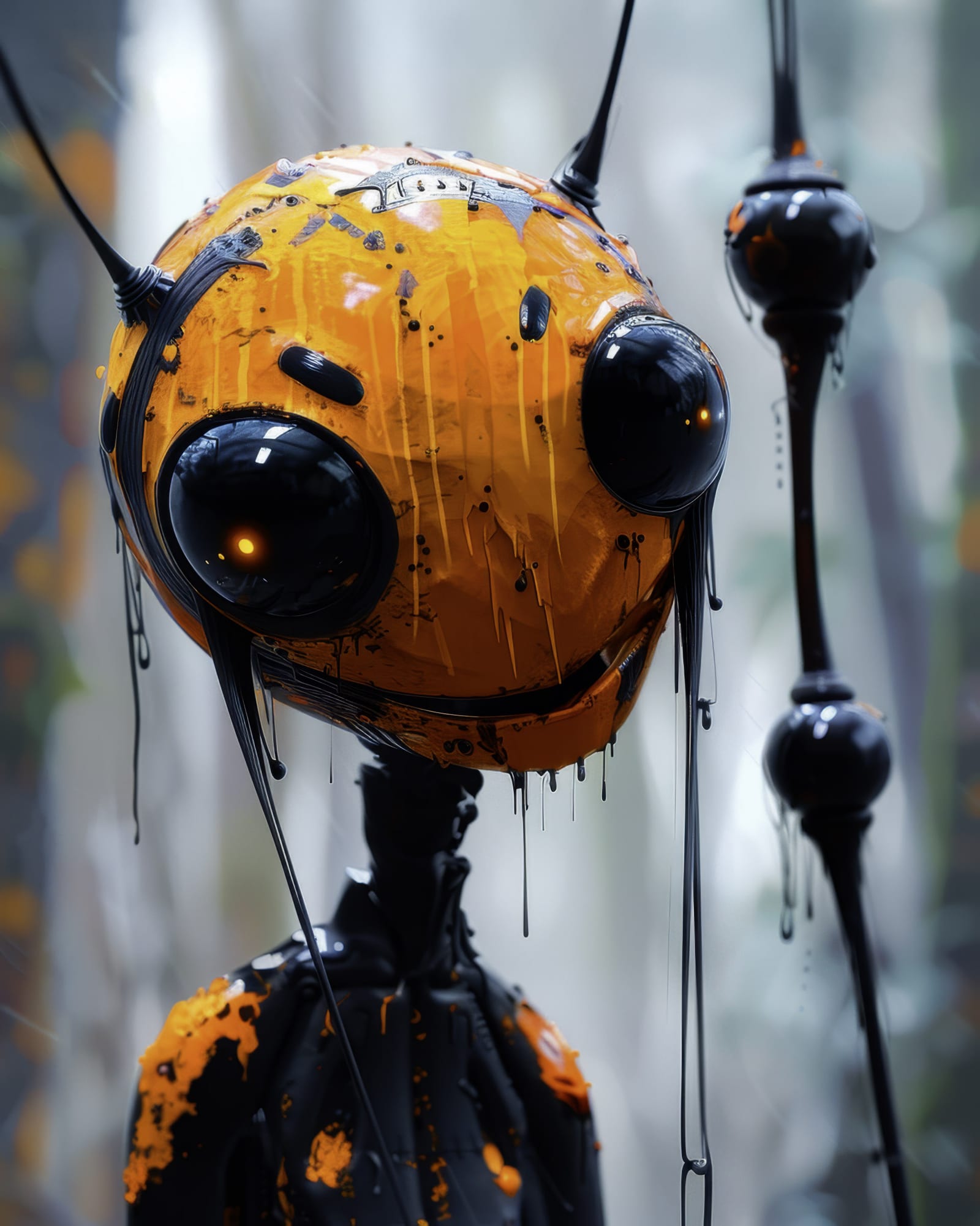Yellow android with a large head and big bulbous black eyes, covered in dripping black liquid.