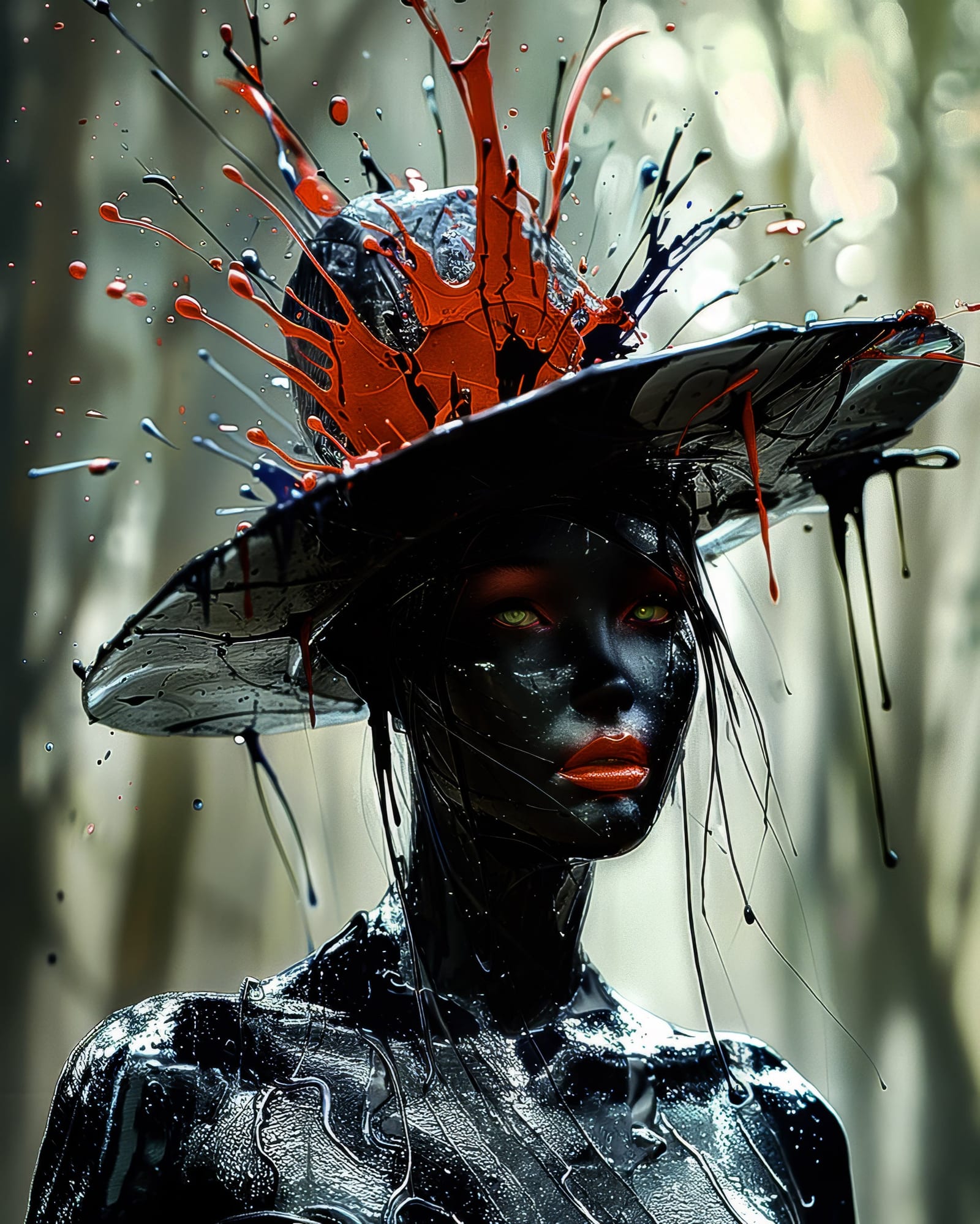 Bust of a woman with highly glossy black skin, wearing a hat from which red and black splashes erupt violently.
