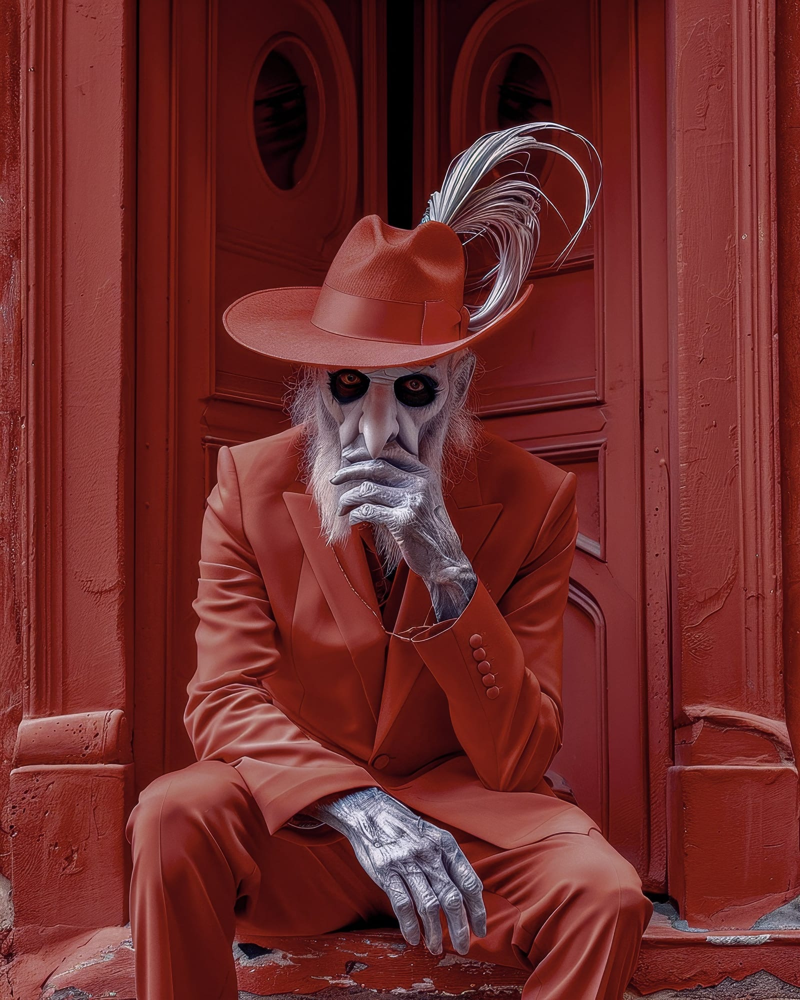 Old man with grey skin and white beard, wearing a red suit and a feather-adorned hat, sitting in front of a carved red door.