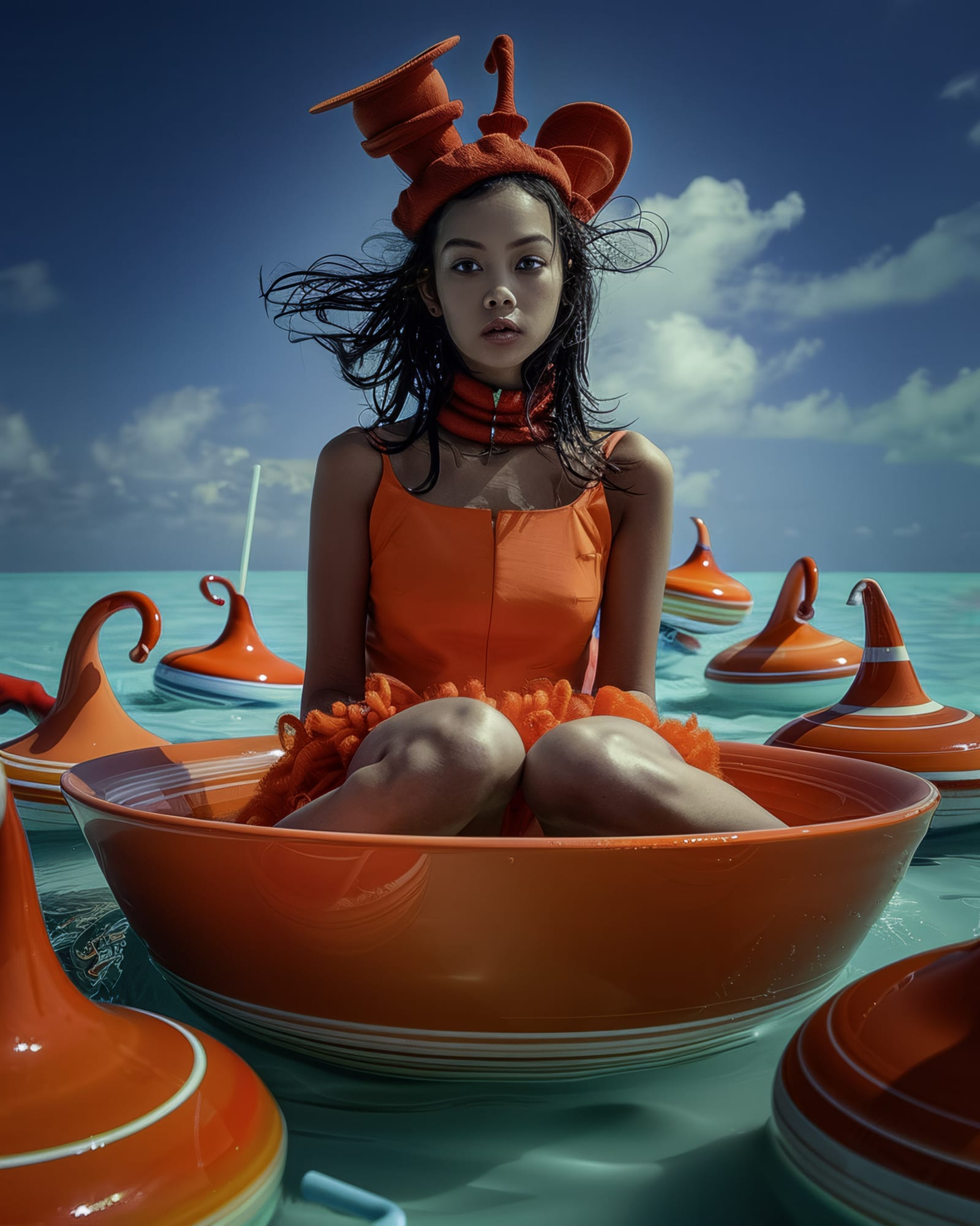 Young woman dressed in orange, sitting in a giant orange bowl floating on a turquoise sea, wearing an absurd teapot-shaped hat.