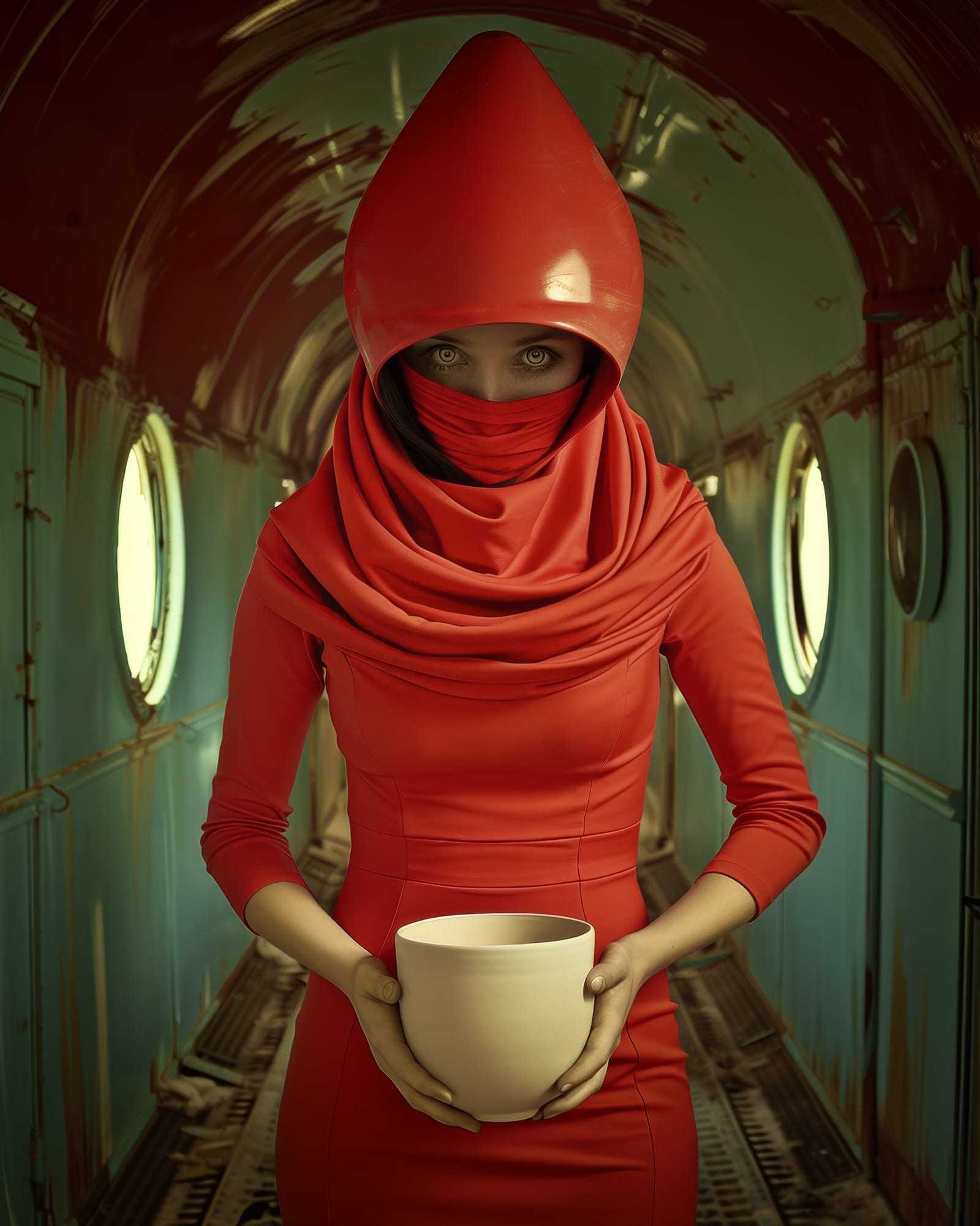 Woman wearing a tight red dress and a hood concealing the lower half of her face, holding a large white bowl in a worn metallic corridor.