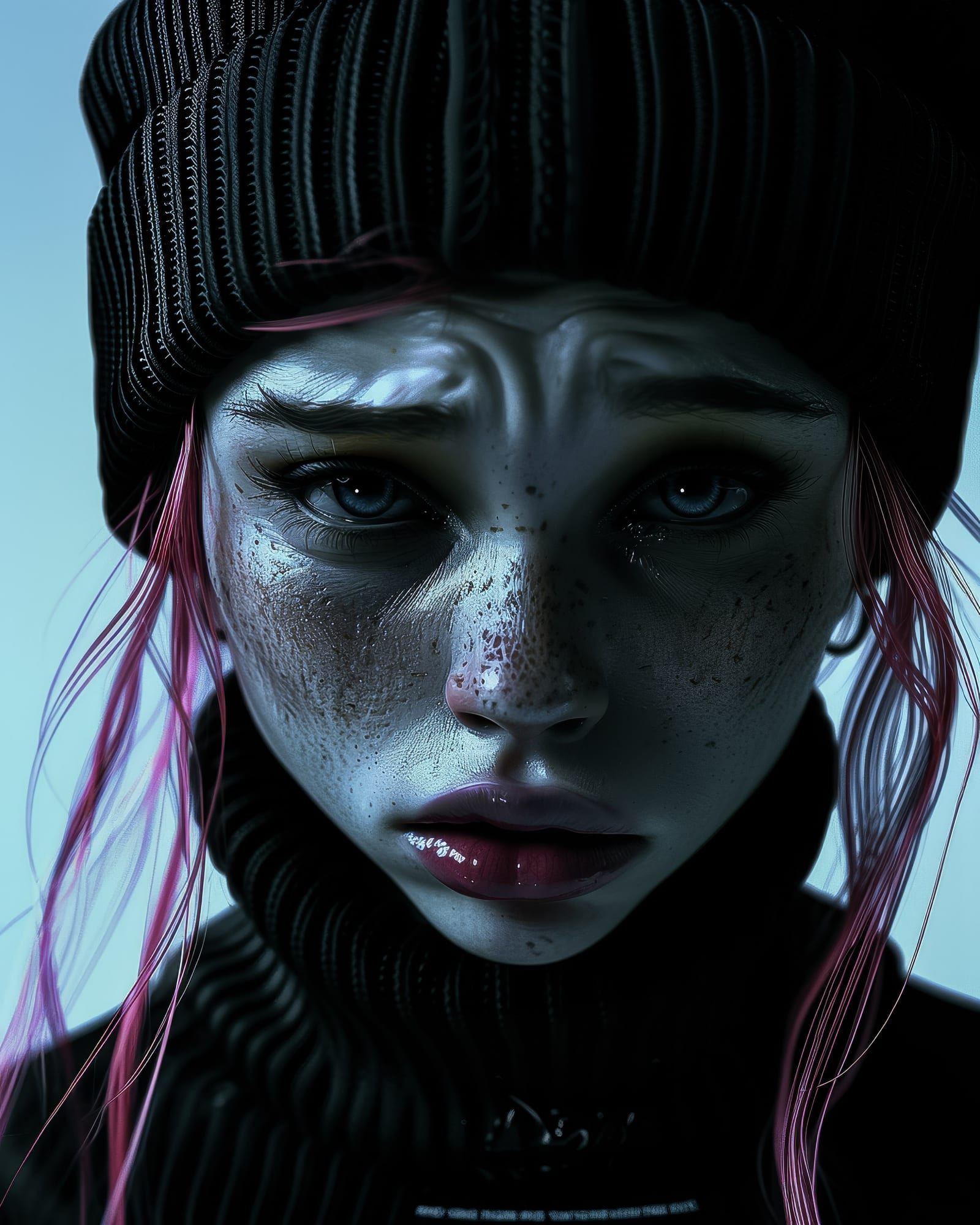 Very tight portrait of a young woman wearing a black beanie and turtleneck, pink hair strands, textured and wet skin, cold lighting.