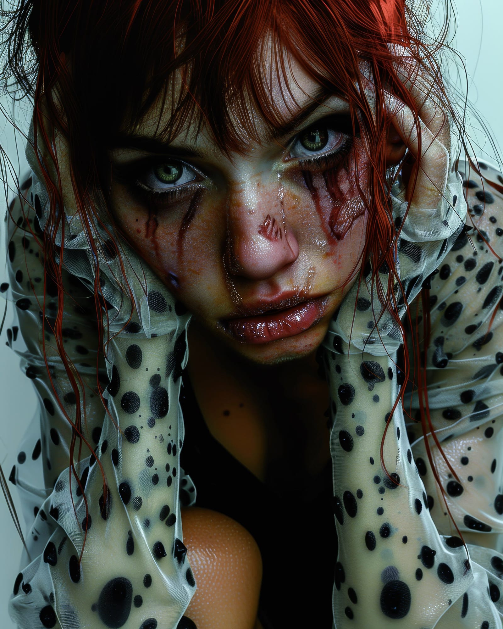 Face framed by hands wearing transparent black polka-dot gloves, messy red hair, red marks on the skin.