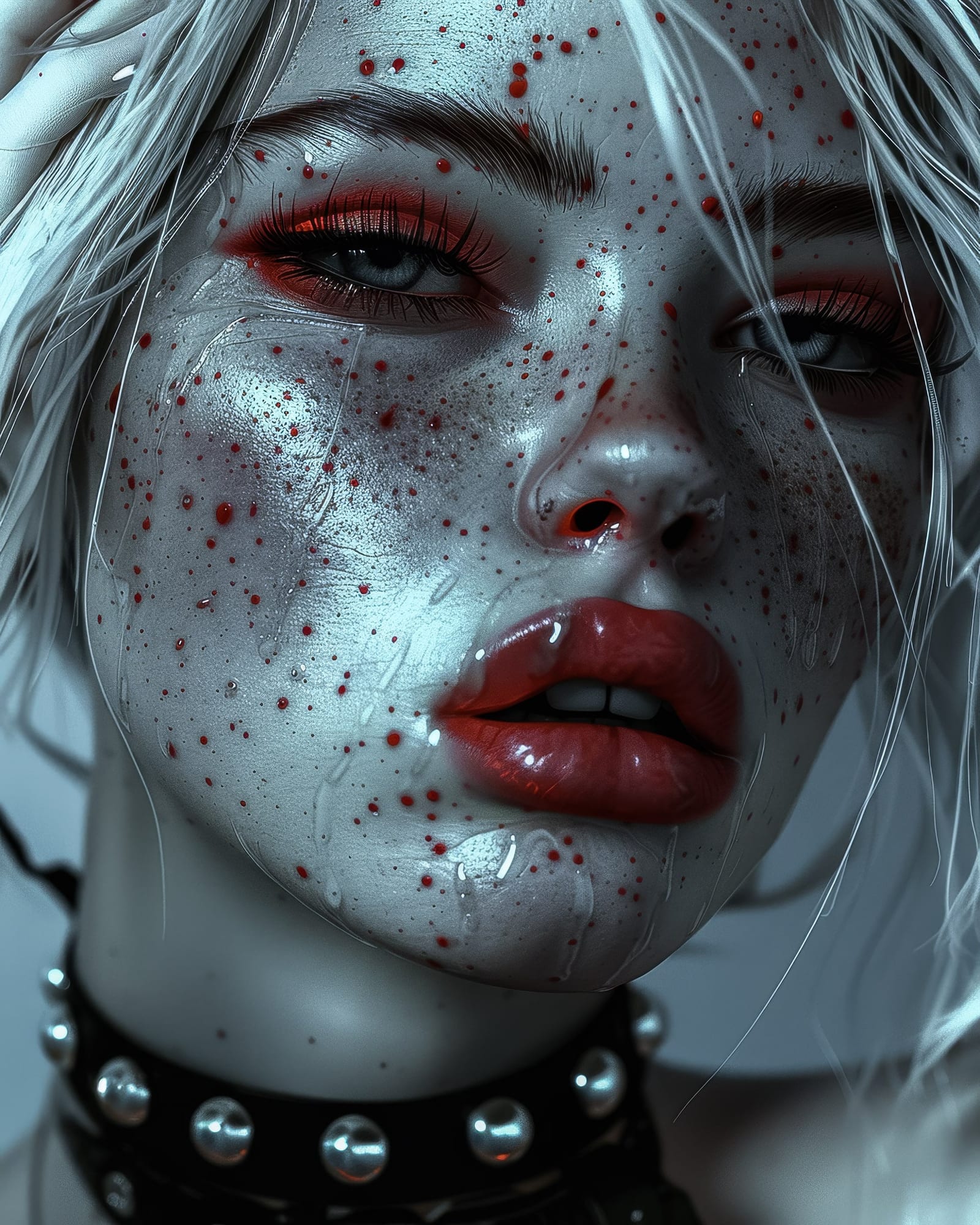 Close-up of a wet face with red lips, red splatters on the skin, white hair and a studded choker.