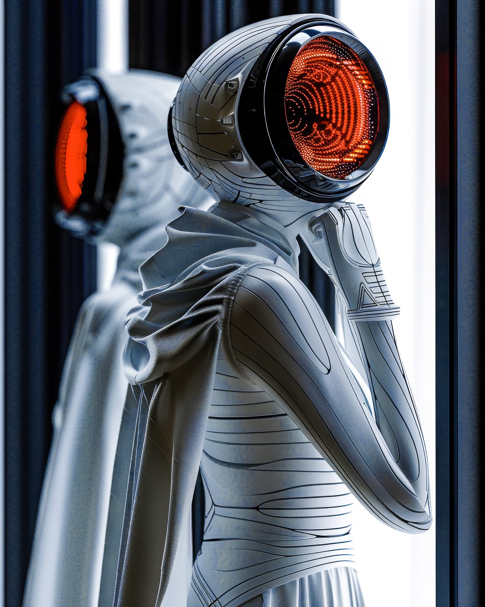 Two white androids wearing draped fabric, faces replaced by large glowing orange disks displaying concentric circles.