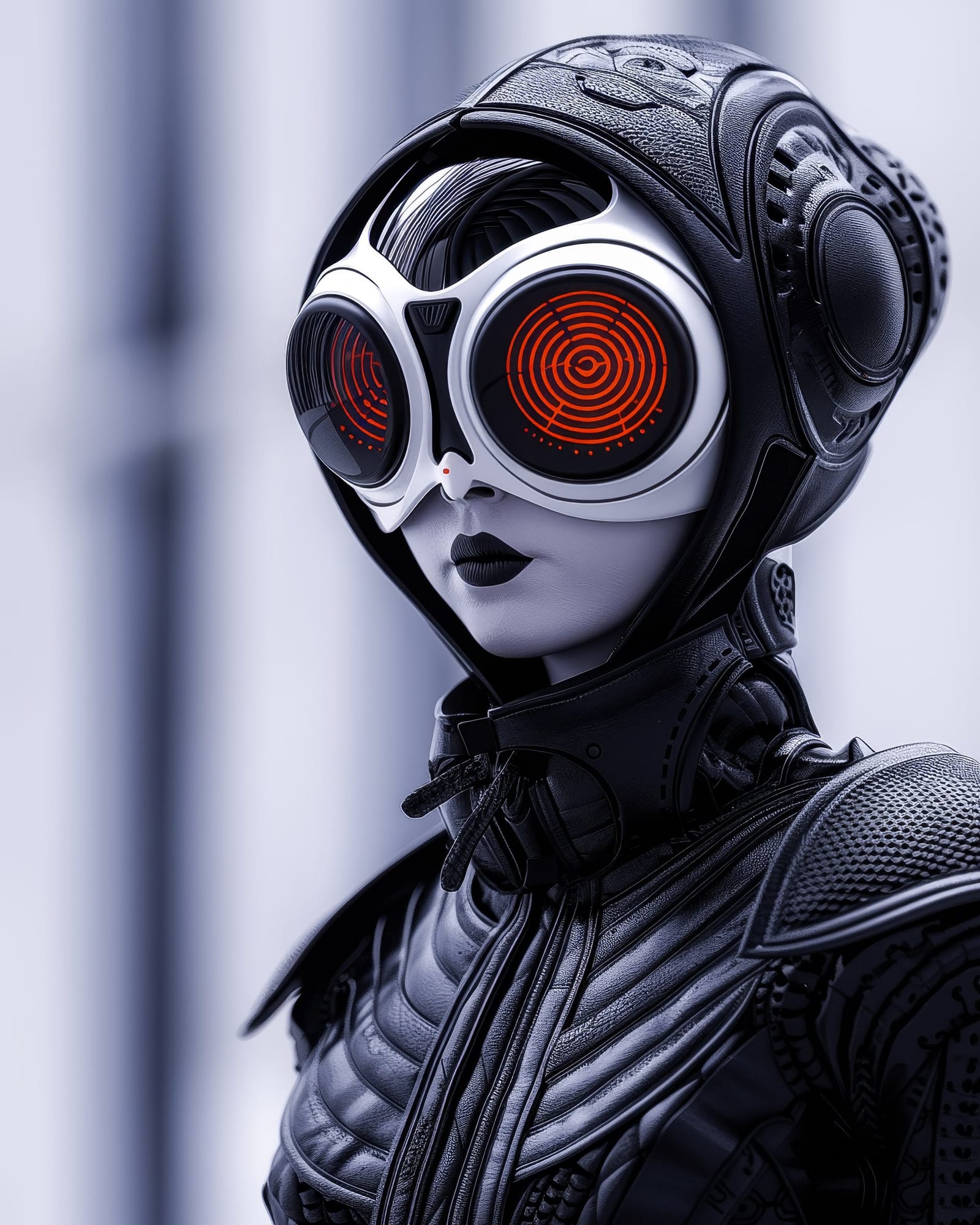 Female cyborg in textured black suit, very white skin, wearing large goggles with red luminous circles.
