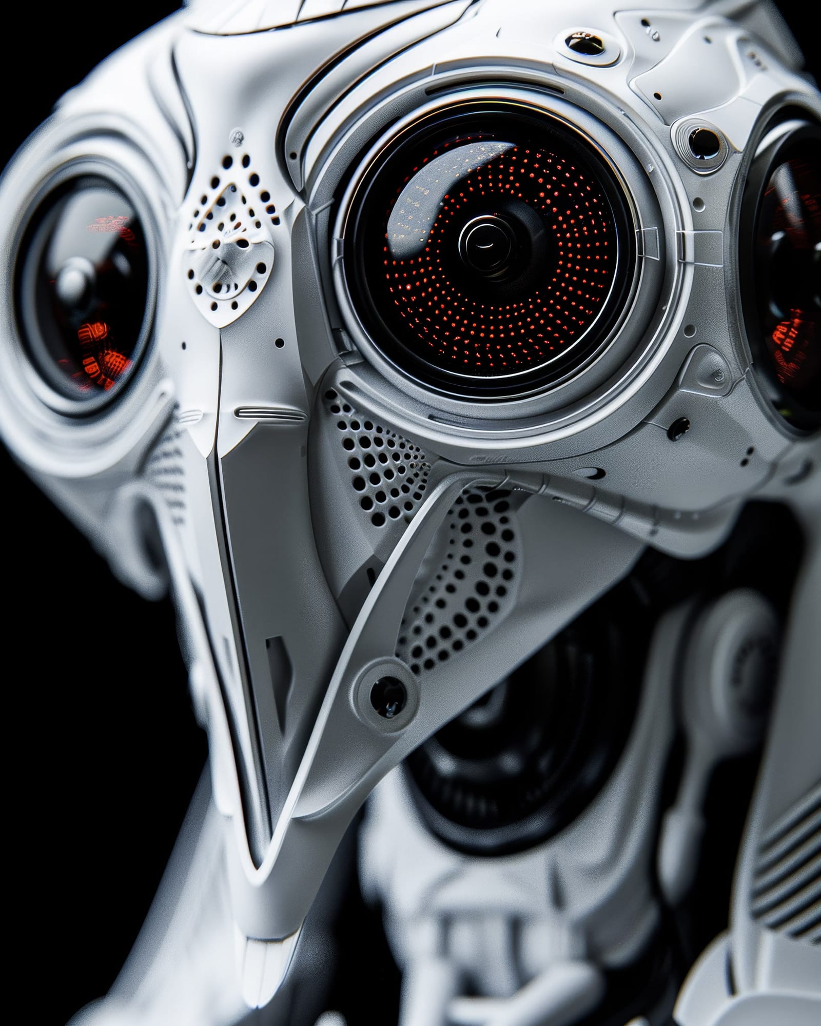 White robotic head resembling a bird of prey, mechanical beak and large circular eyes with red LEDs.