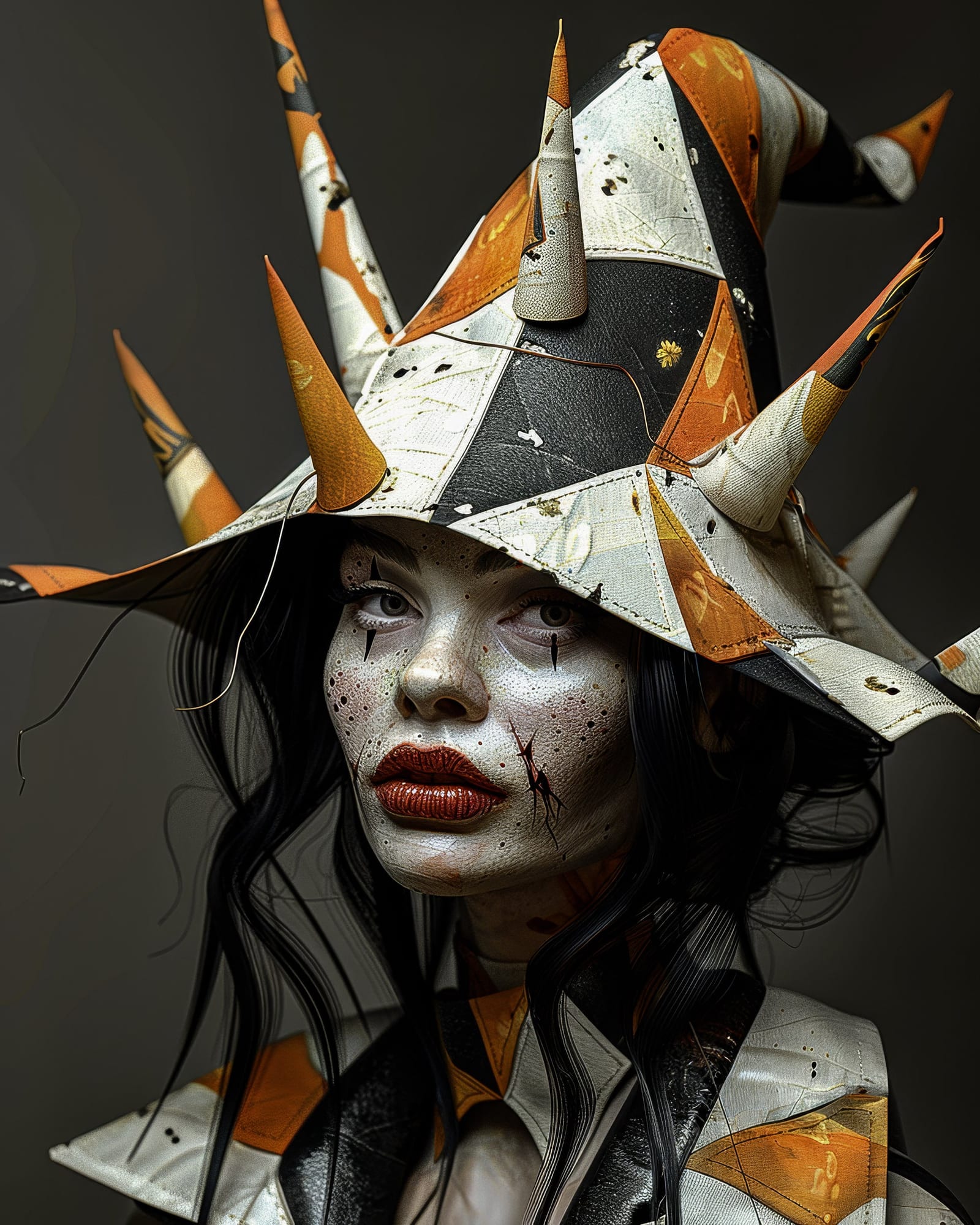Portrait of a pale-skinned woman, clown makeup with scars, wearing a pointed hat bristling with multiple cones.