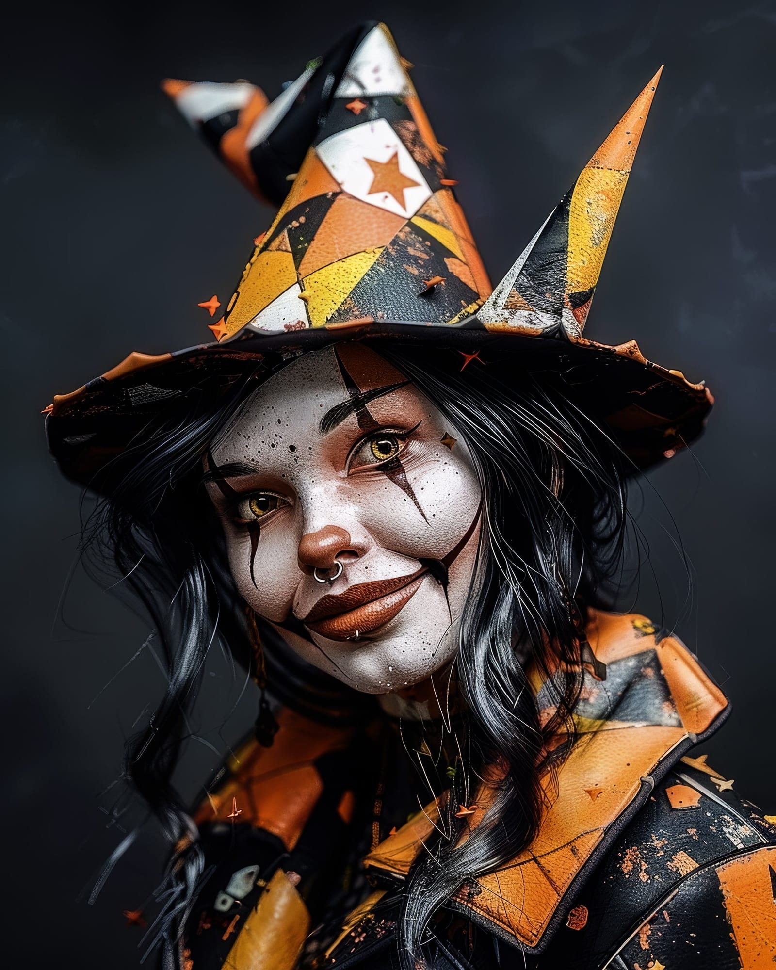Smiling witch with classic clown makeup, septum piercing, patchwork pointed hat, direct gaze.