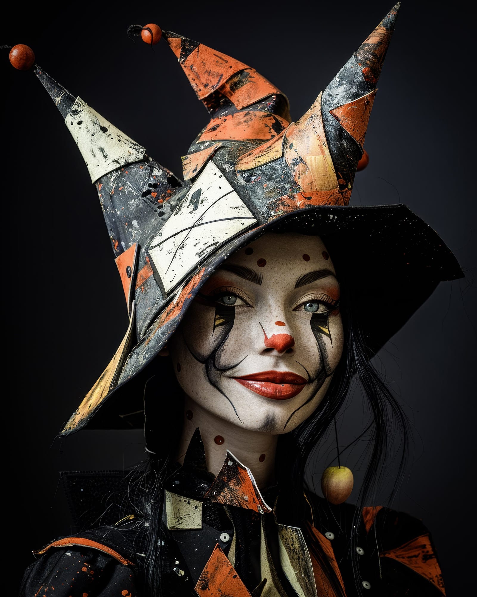 Portrait of a woman with neat clown makeup, wide witch hat in orange and white patchwork, serene expression.