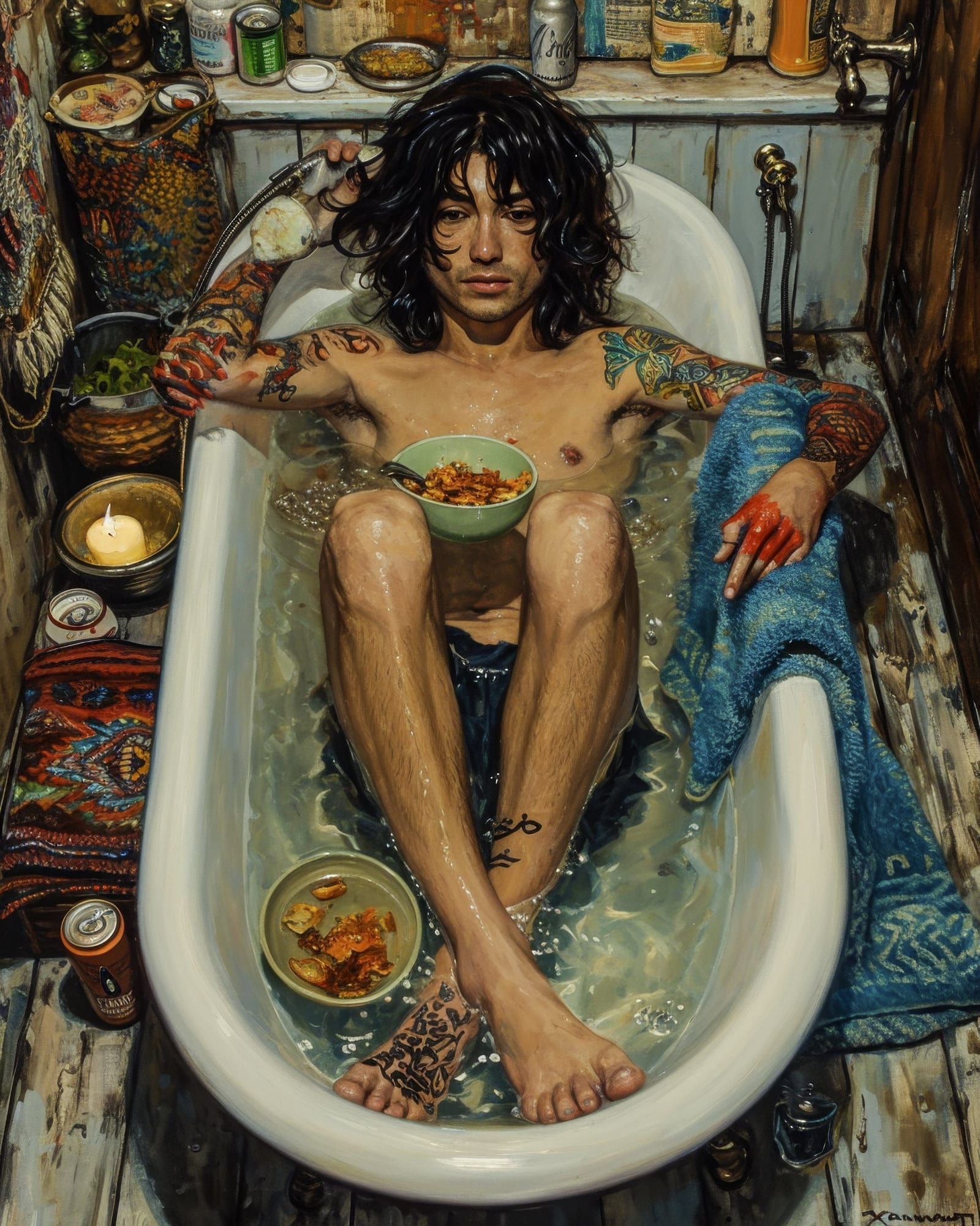 Heavily tattooed young man shirtless, lying in a murky bath, holding a bowl of food, surrounded by cans and objects.